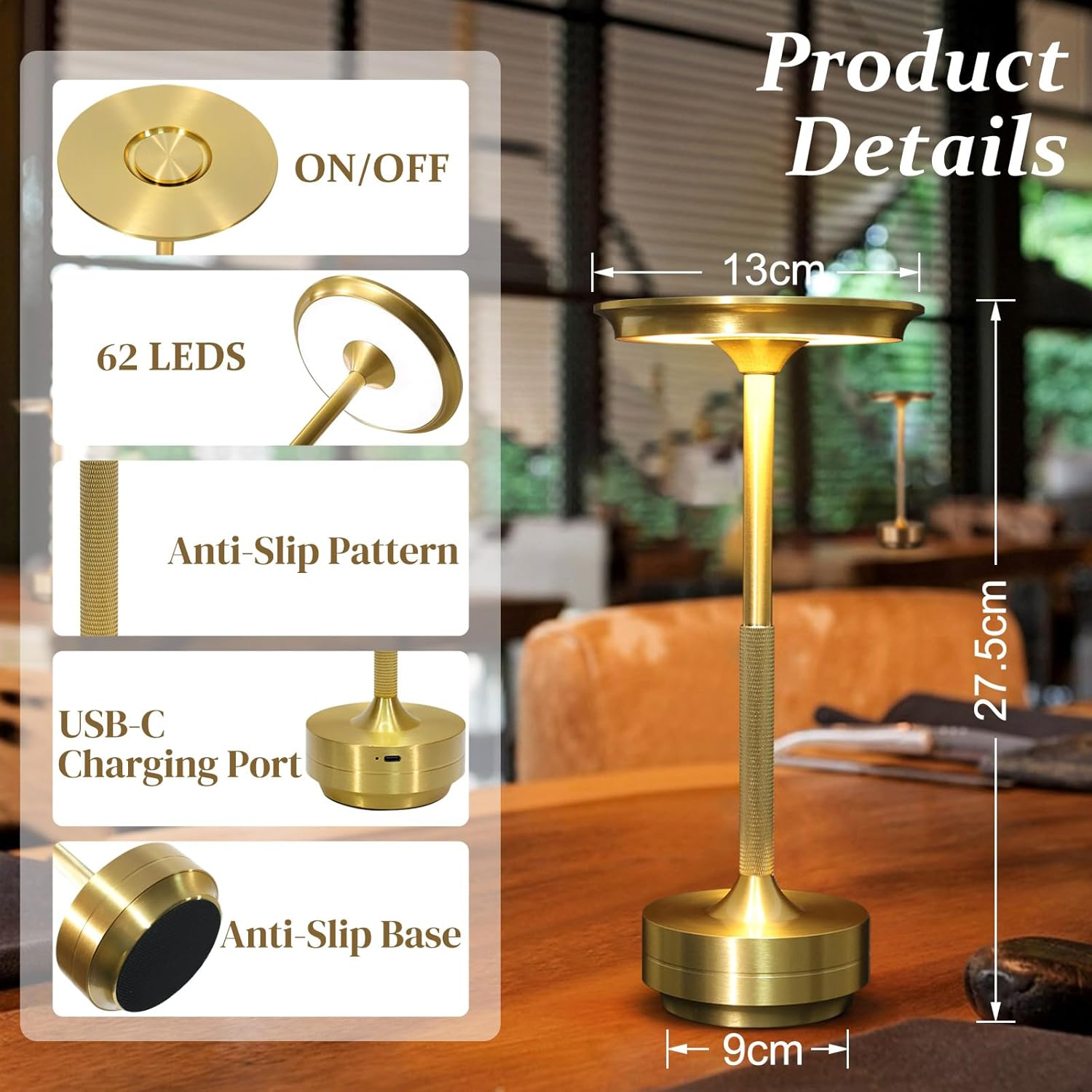 Starhot&mdash;&mdash;Rechargeable Cordless Table Lamp - 3000Mah LED Desk Lamp with USB-C Charging, 3-Color Stepless Dimming, Memory Function, IPX4 Waterproof, Cordless Lamp,For Bedroom/Outdoor/Dining/Patio (Gold) image number 4