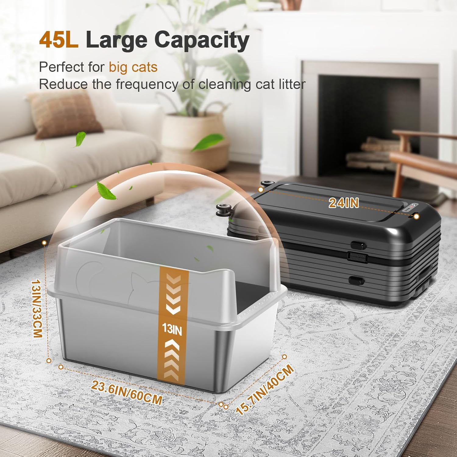 Stainless Steel Sifting Litter Box, 23.6" L X 15.7" W X 13" High Sided Metal Sifting Cat Litter Box for Pine Pellets, Enclosed Sifting Box with Lid, Anti-Leakage, Easy Clean for Big and Multiple Cats