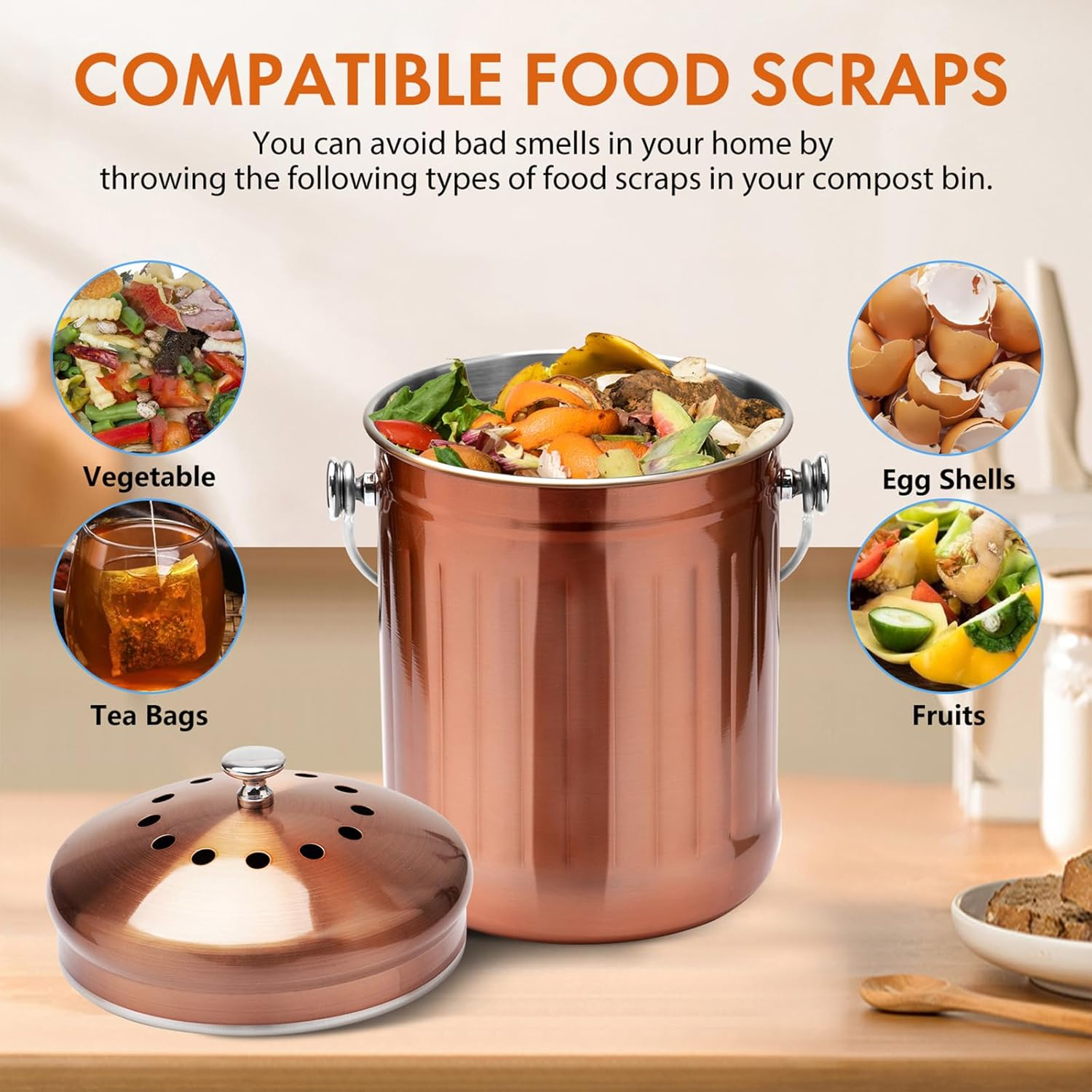 ENLOY Compost Bin for Kitchen Countertop, 1.3 Gallon Matte Copper Stainless Steel Compost Bucket with Lid, Odorless Food Waste Bucket with 2 Charcoal Filters, Indoor Compost Pail with SOFT-GRIP Handle image number 6