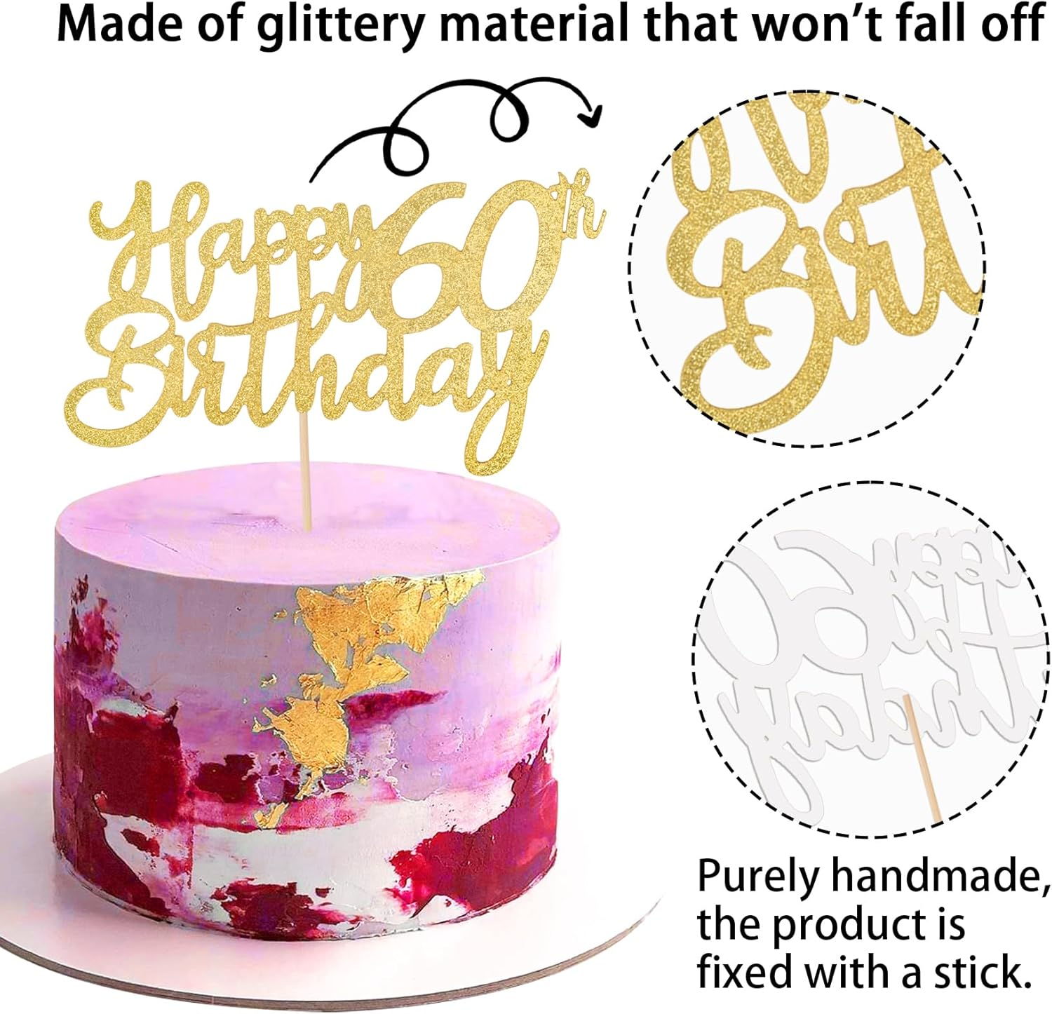 2 PCS Gold Happy 60Th Birthday Cake Topper Glitter, Cheers to 60 Years Birthday Cake, Happy Birthday Cake Decorations Supplies, Pick 60 Fabulous Cake Decoration for Happy 60Th Birthday image number 2