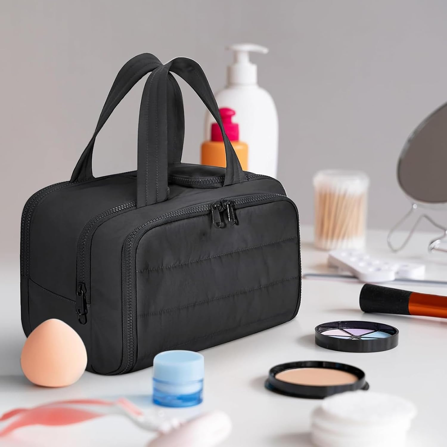 Travel Toiletry Bag, Puff Large Capacity Lightweight Wide-Open Travel Cosmetic Bag, 4 in 1 Multi-Functional Bag for Women, Waterproof Portable with Divider & Handle, Dry and Wet Separation (Black)