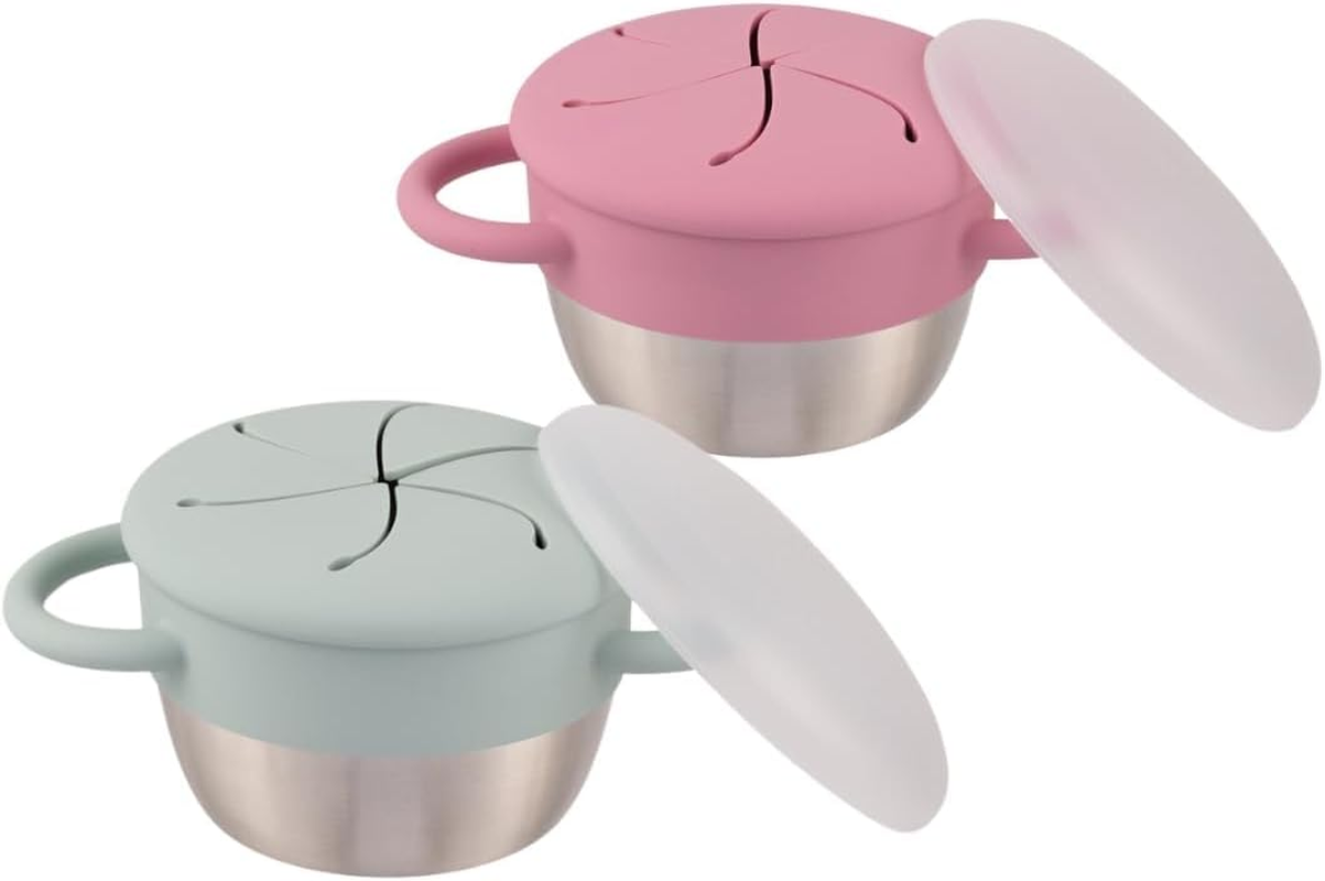 Elk and Friends Stainless Steel Snack Cups | Removable Silicone Food Catcher and Travel Lid | Spill-Proof Snack Containers for Baby, Toddler, Kids | Dishwasher Safe | 2 Pack