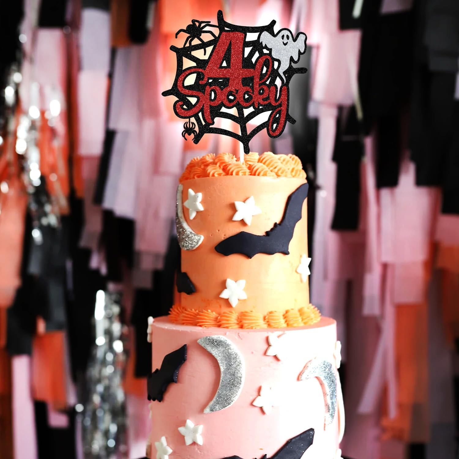 Spooky 4Th Birthday Cake Topper, Four Ever Spooky, Bat Ghost Cake Decor Halloween Theme 4Th Birthday Party Decorations Supplies for Boys Girls, Black Glitter image number 4