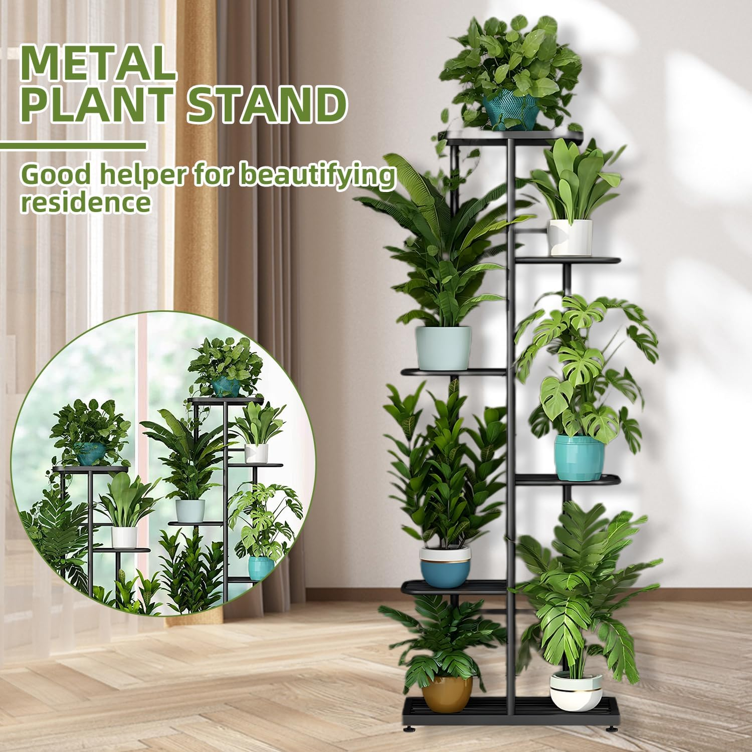 Uandhome 6 Tier Plant Stand,Metal 7 Potted Multiple Flower Pot Holder Shelf,Planter Display Shelving Unit for Indoor Outdoor Patio Garden Corner Balcony Living Room (6 Tier 7 Potted)