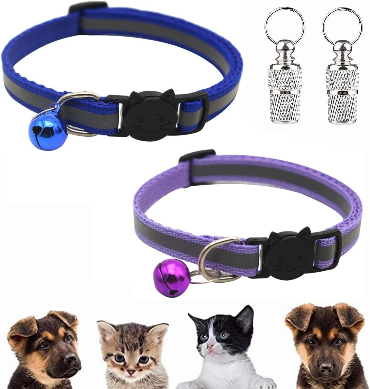 Cat Collar, Address Tag, Dog Cats, Adjustable Collar, Reflective Cat Collar with Bell and Safety Clasp, Pet ID Tags (Blue, Purple) image number 1