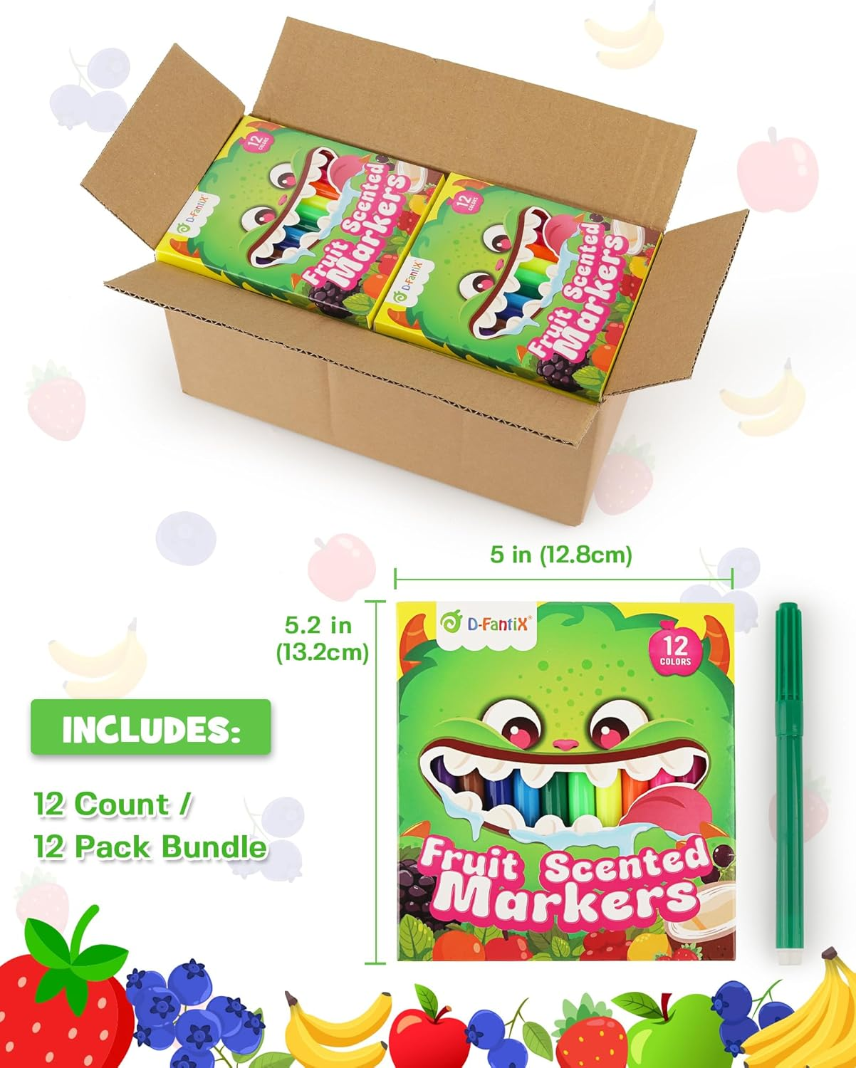 D-Fantix 12 Packs Fruit Scented Washable Markers for Kids Toddlers, 144 Count Coloring Markers Set, Bulk Art Supplies, Back to School Supplies, Gifts for Party Favors, Classroom Prizes, Donations image number 1