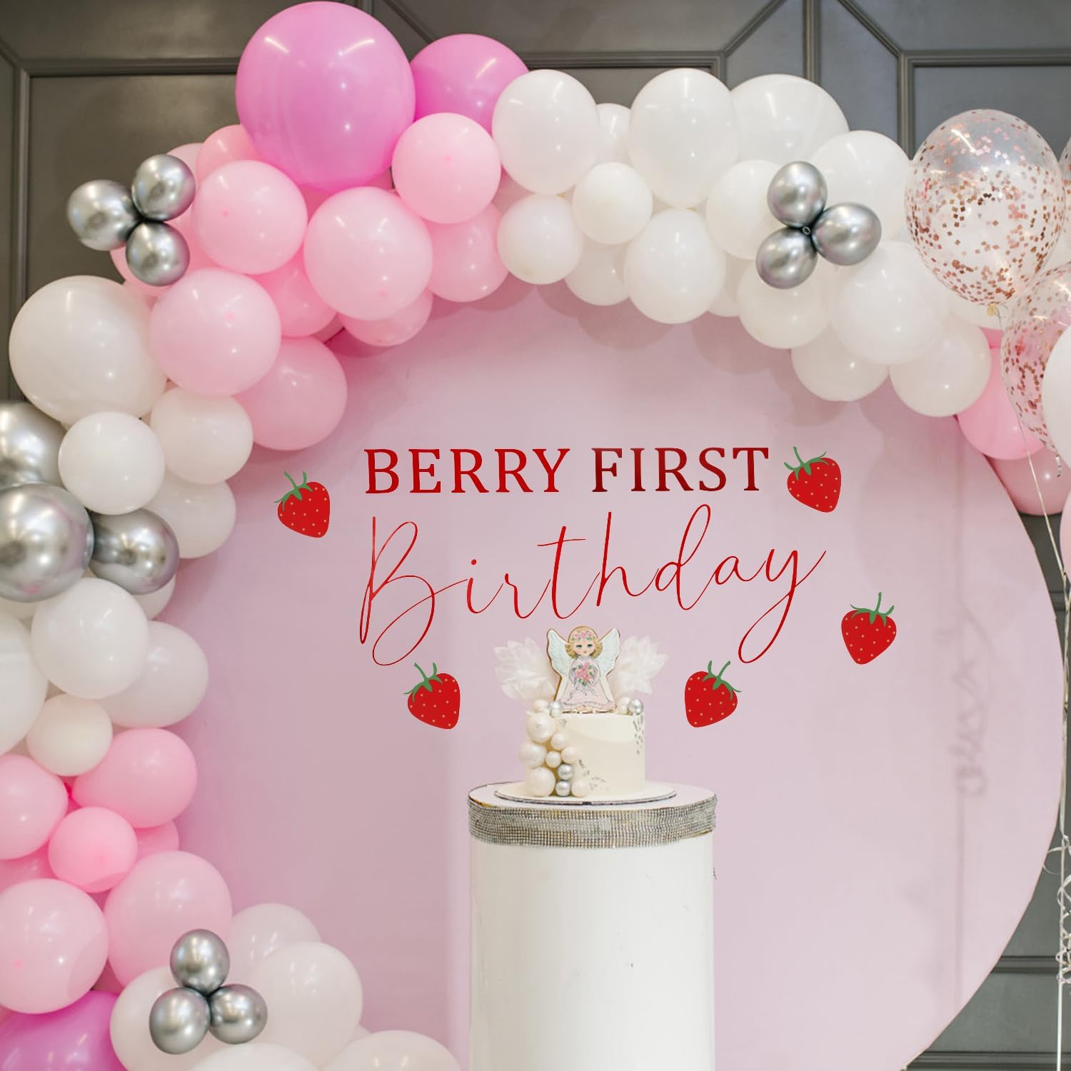 Strawberry Bow Sticker, Strawberry Theme First Birthday Background, Strawberry Theme First Birthday Decoration, Strawberry Theme Sticker Birthday Party Decoration Strawberry Theme image number 3