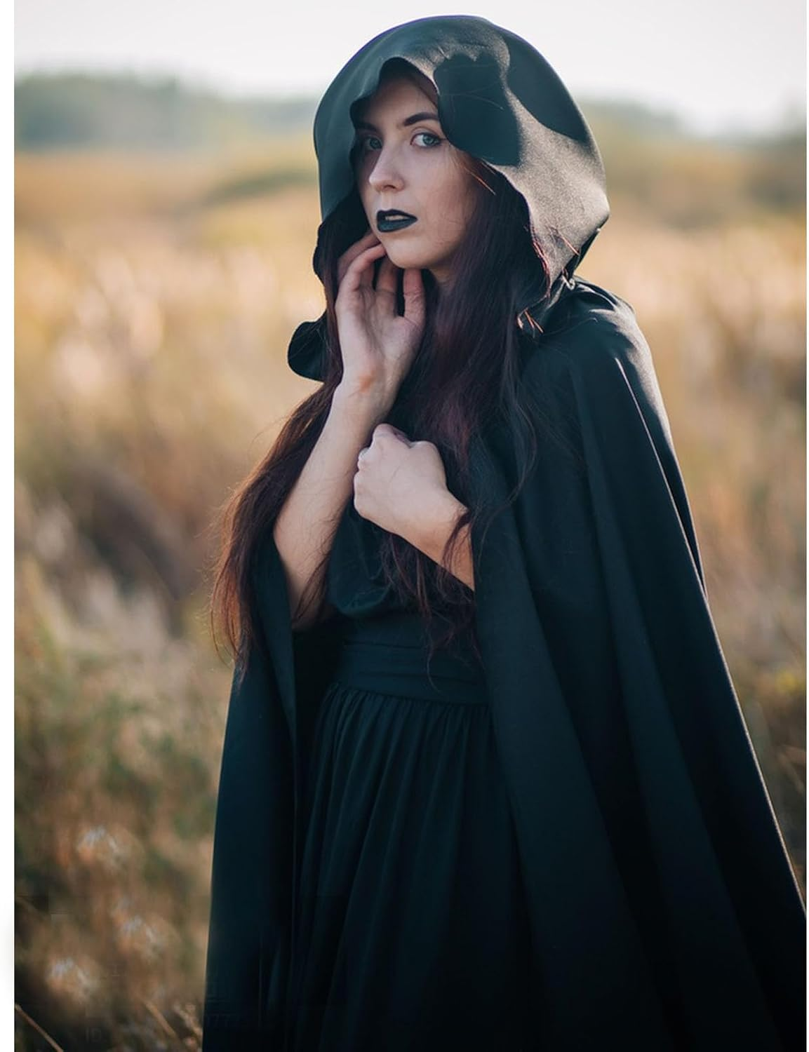Halloween Velvet Hooded Cloak for Women & Men - Witch Vampire Wizard Cape Costume with Long Hooded Cape - Halloween Cosplay, Renaissance Fair, Medieval Gothic Robe (Black) image number 5