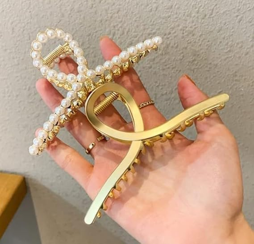 2 Pcs Matte Gold Pearl Gold Large Metal Hair Claw for Women with Pearls Non-Slip Hair Clips Thick Hair Threaded Gold Claw Clips Shining Strong Crab Claws Cross Hair Barrettes Hair Clips