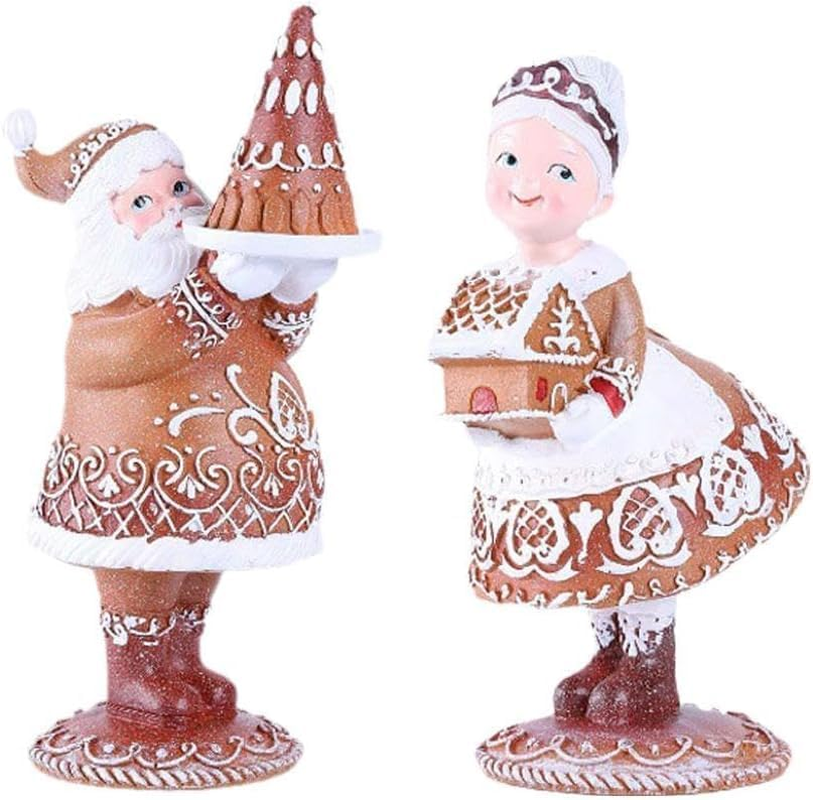 New Gingerbread Santa Couple Statue, Resin Christmas Figurines Decoration, Brown