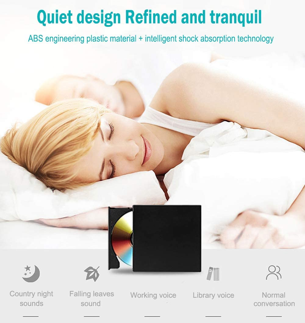 External CD DVD Drive, Slim Portable External CD Rewriter Burner Writer, Low Noise High Speed Data Transfer USB Optical Drive for Laptop/Pc Desktop/Mac Os/Linux/Windows 11/10/8/7/Xp-Black image number 4