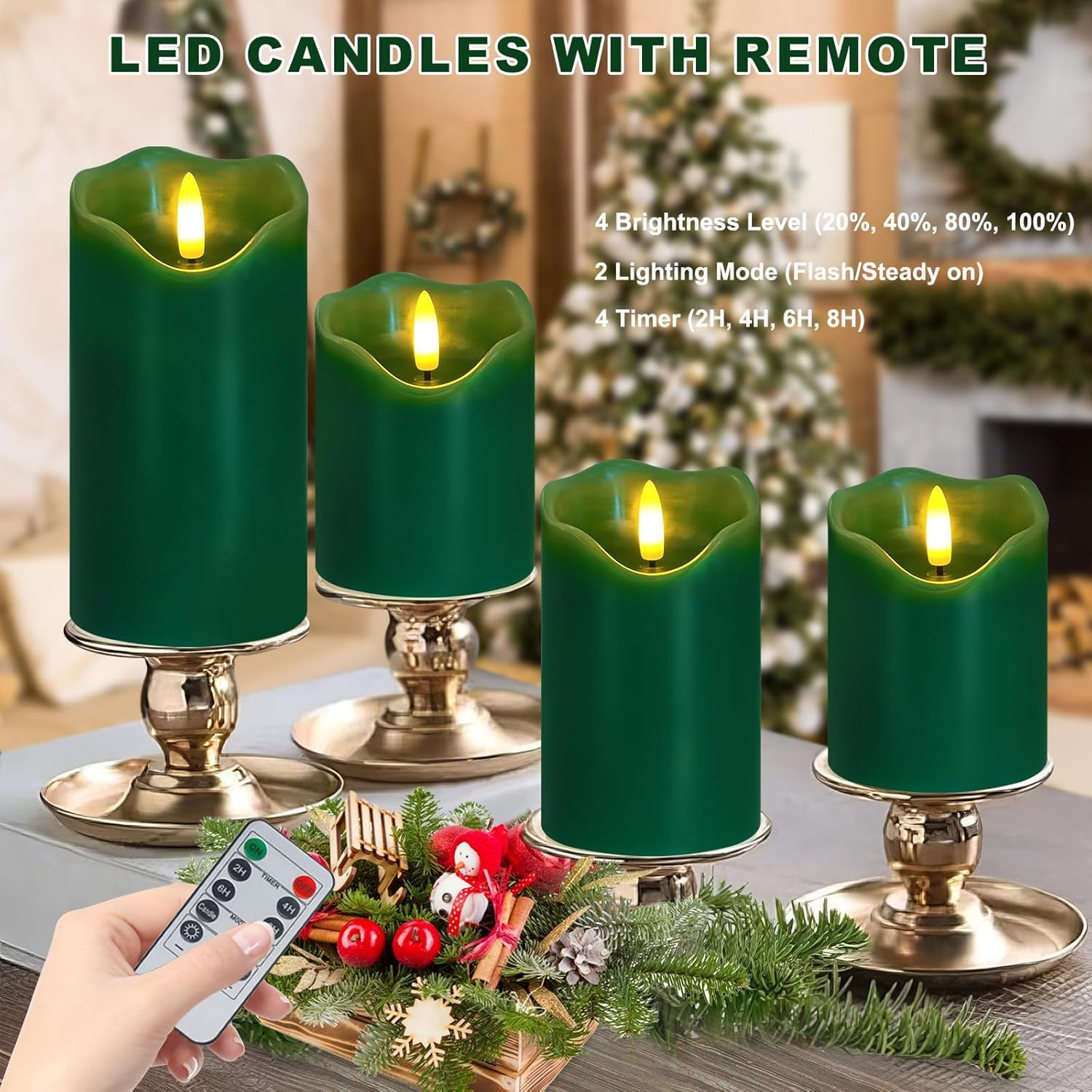 Flameless Candles Lights, Set of 3 Orange Flickering LED Candles with Remote & Timer, Dimmable LED Pillar Candles Battery Operated, Electric Candles for Fall Halloween Thanksgiving Decor (Green) image number 3