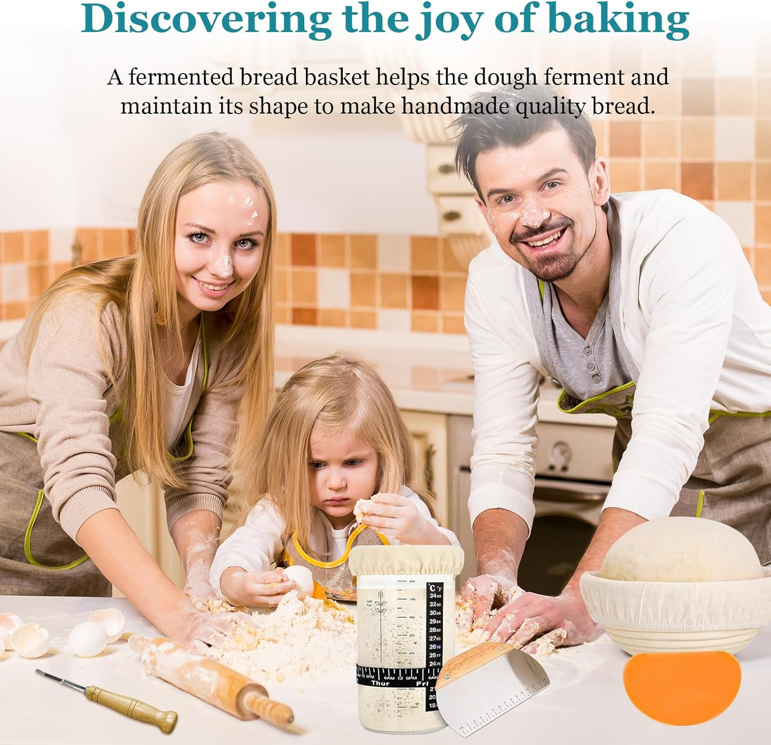 Banneton Bread Proofing Basket, Sourdough Bread Baking Supplies,Round 9 Inch Complete Sourdough Starter Kit,Bread Proofing Basket,Bread Making Supplies Tools for Baking,Banneton Basket Gift Set image number 4