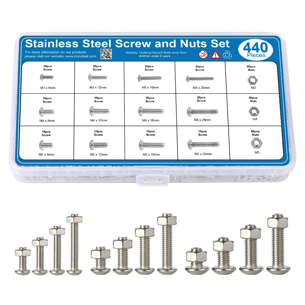 MMOBIEL 440 Pcs ISO 7380-2 Stainless Steel Screw and Nuts Hex Socket Cup Head Screw 15 Sizes M3 M4 M5 Hex Socket Cup Head Incl Wrenches image number 2