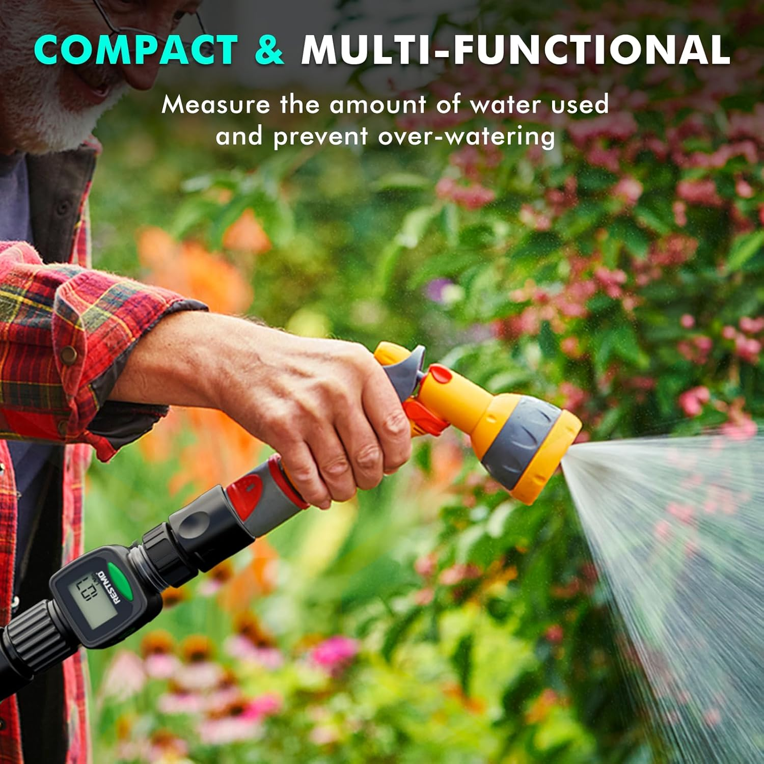 RESTMO Water Flow Meter, High Measure Accuracy, Measure Gallon/Liter Consumption and Flow Rate for Garden Hose Watering, RV Water Tank Filling, Lawn Sprinkler, Irrigation System