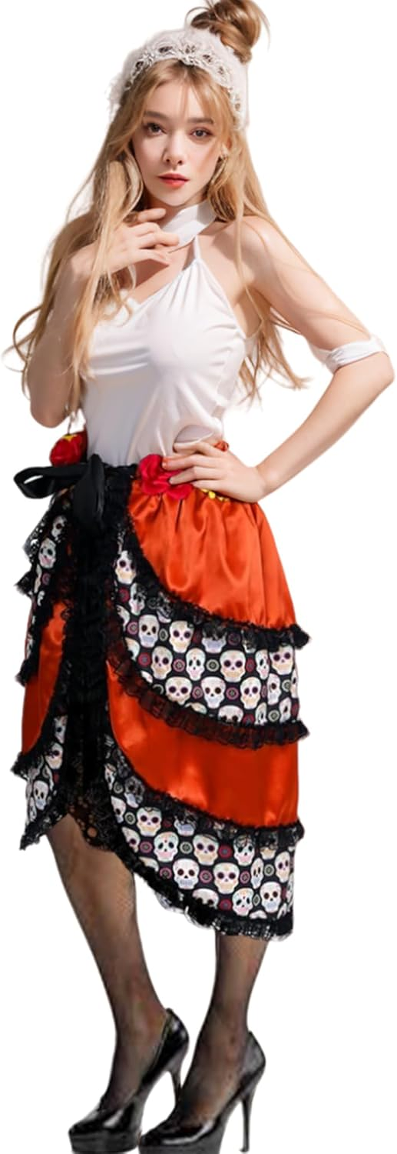 Day of the Dead Costume Adult Halloween Costumes for Women with Flower Headpiece and Fishnet Stocking image number 1