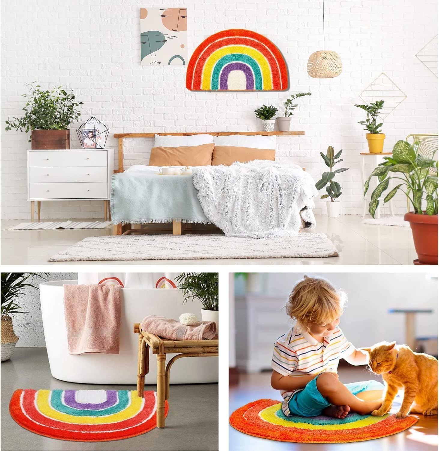 Multicolour Half round Bathroom Mat Rainbow Microfiber Non-Slip Absorbent Bath Shower Rugs for Living Room Bedroom Kitchen Home Decor 45 X 65 Cm image number 3