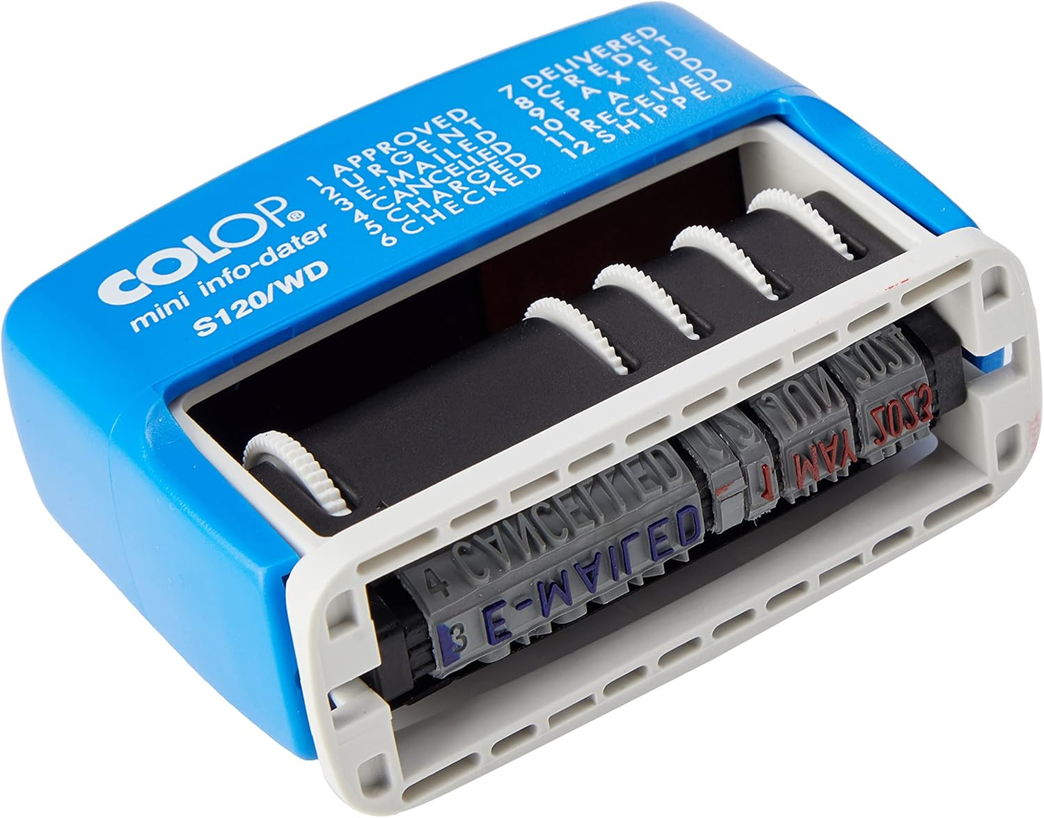 Colop S120/WD Dial-A-Phrase-Dater Stamp Self-Inking 12 Phrases Imprint 43X4Mm Red/Blue Ref 14531000 image number 3