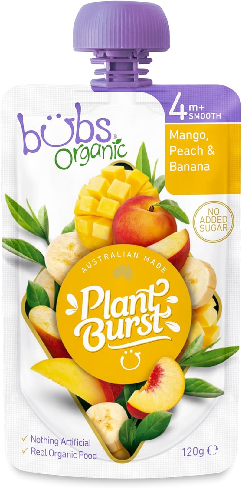 Bubs Organic Mango, Peach & Banana Pouch, 4+ Months Baby Food, Fruit Puree Snack, No Added Sugar, 120G image number 3