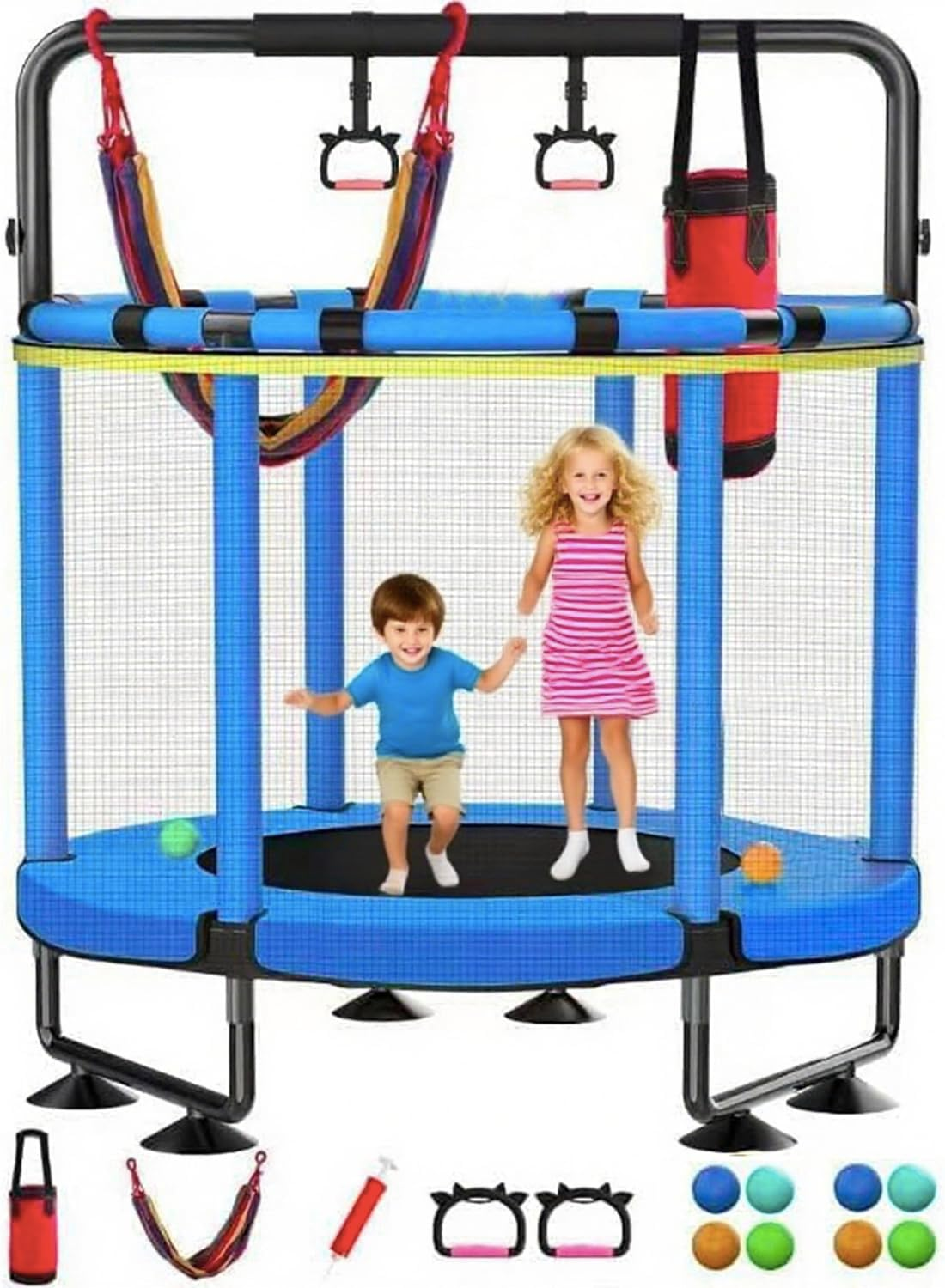 60" Trampoline for Kids with Enclosure, 440Lbs Capacity Indoor & Outdoor Toddler Trampoline with Adjustable Gymnastics Bar & Toys, for Boys & Girls (Blue)