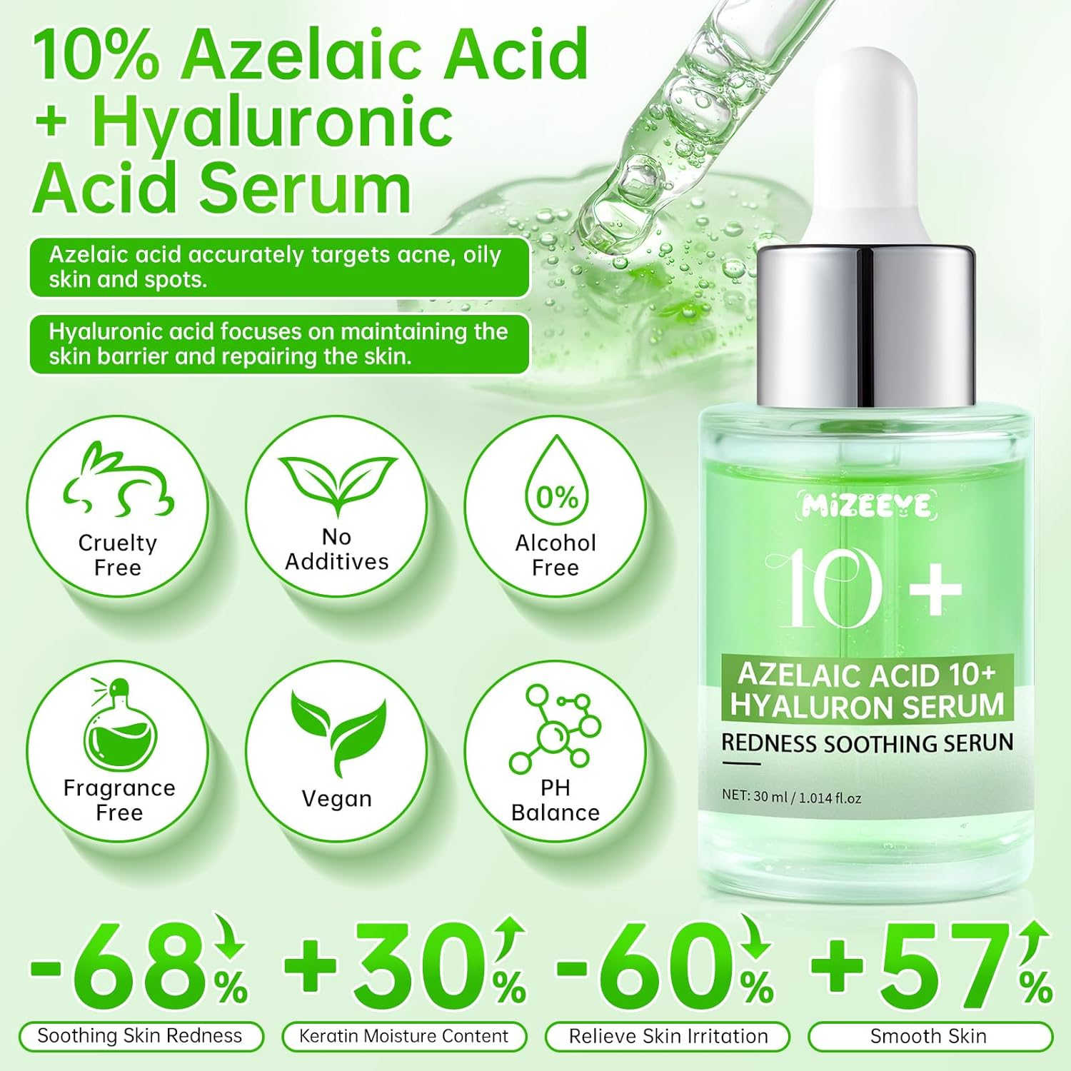 Azelaic Acid Serum for Face, Azelaic Acid 10 + Hyaluron Serum for Sensitive Skin, 30Ml Hyaluronic Acid Serum with Niacinamide for Acne & Spot Care, Redness Relief.