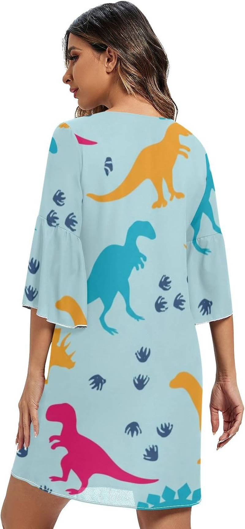 Colorful Dinosaur Blue V Neck Line Dress Printed Maternity Dress Party S-XXL image number 3