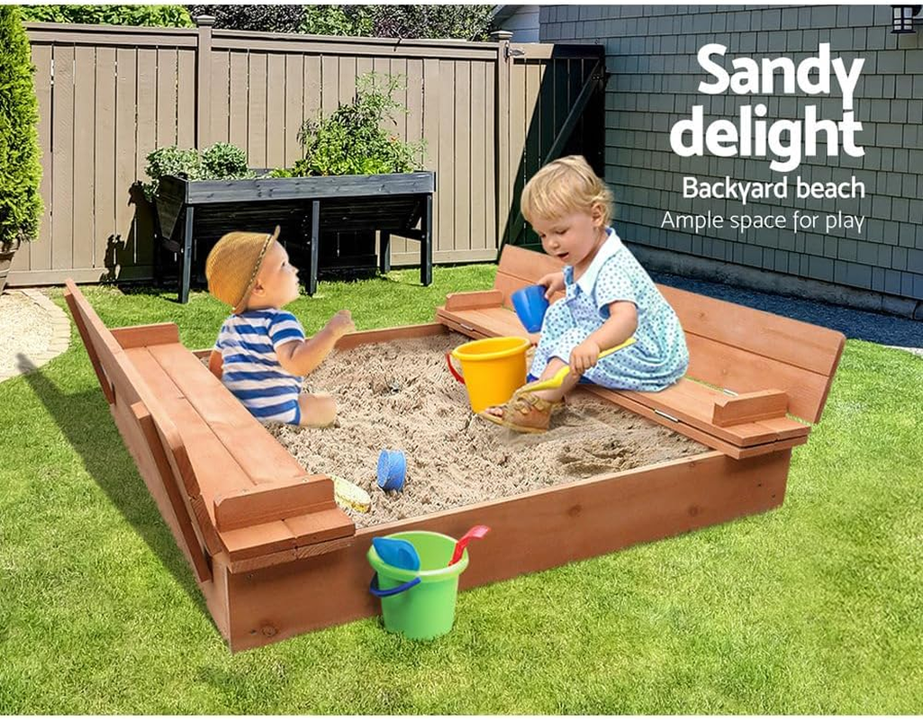 Keezi Kids Sandpit, Wooden Water Table Sand Pit Play Toys Sandcastle Garden Patio Beach Activity Outdoor Toy Games, with Ground Sheet Foldable Seat Rounded Corners Nature Wood image number 4