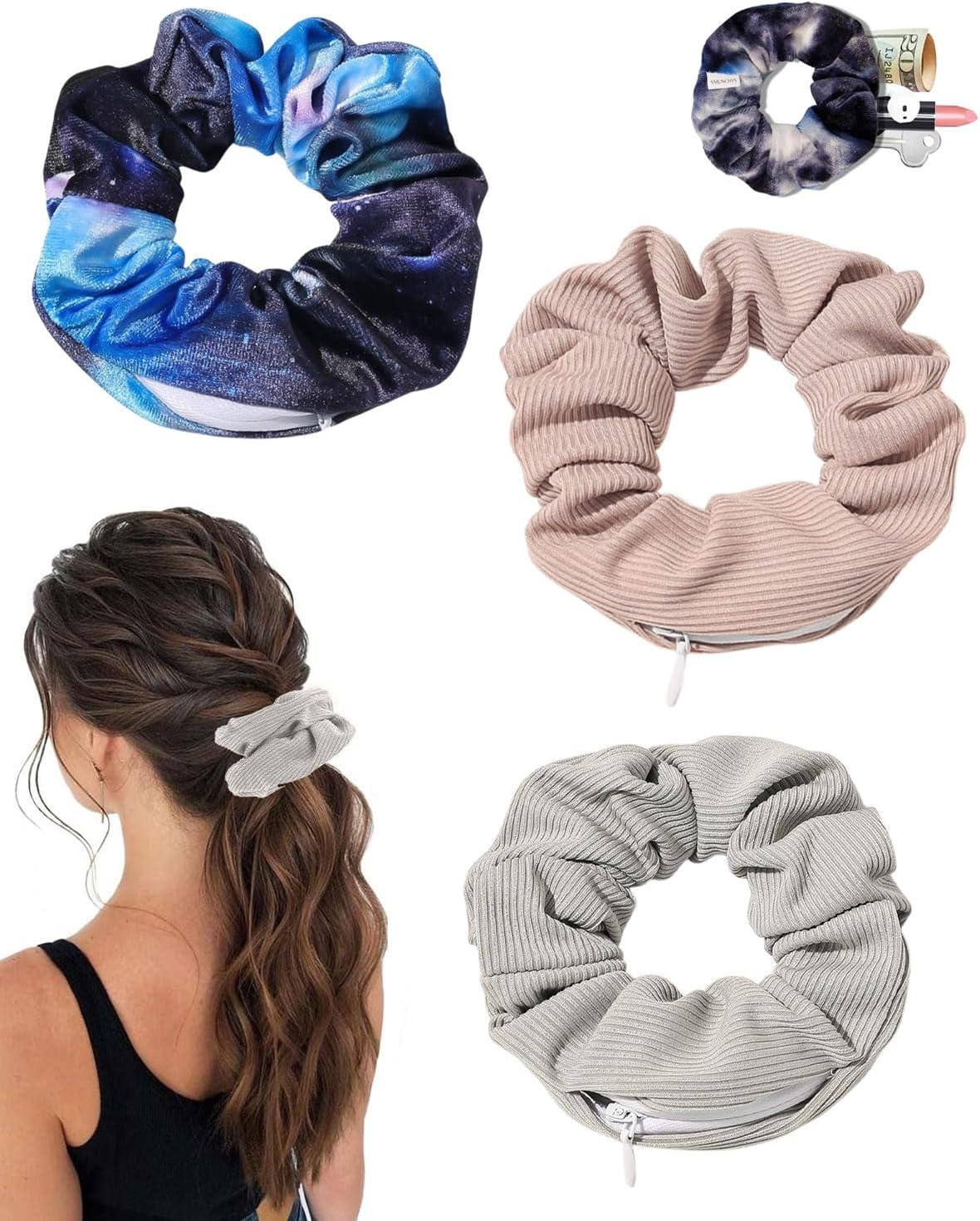 BPTRKOM Pack of 3 Hair Bobbles with Zip Pocket, Scrunchies Hair Rubber Bands Hair Bands Elastic Colourful Hair Accessories Hair Rope for Girls Women Ponytail