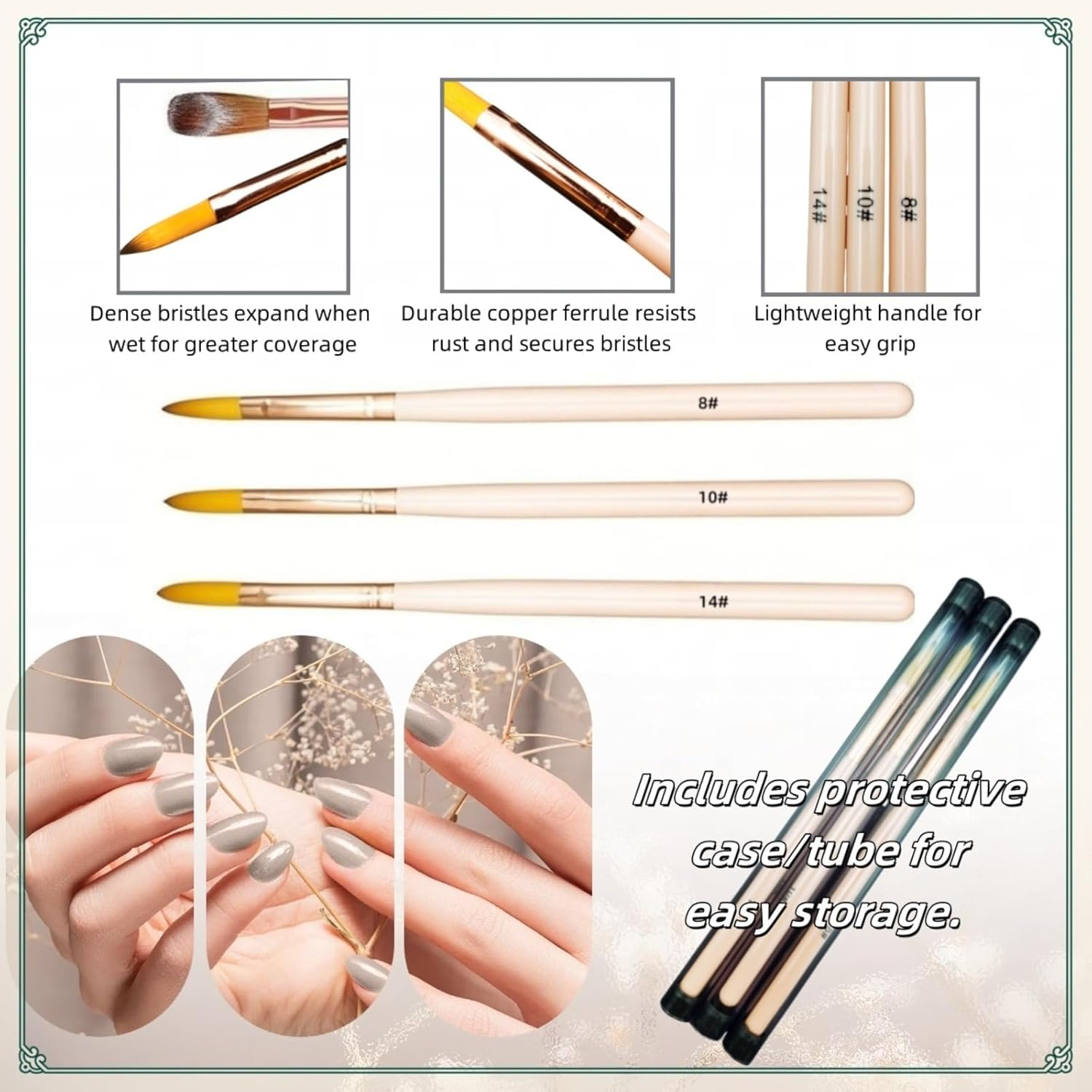 3Pcs Acrylic Nail Brush Set - Sizes (8/10/14) Acrylic Brushes for Nails Art, Acrylics Powder Nails Art Extension Brushes with Pink Sturdy Handle Manicure Tools Extension Carving for Home Salon ﻿ image number 3