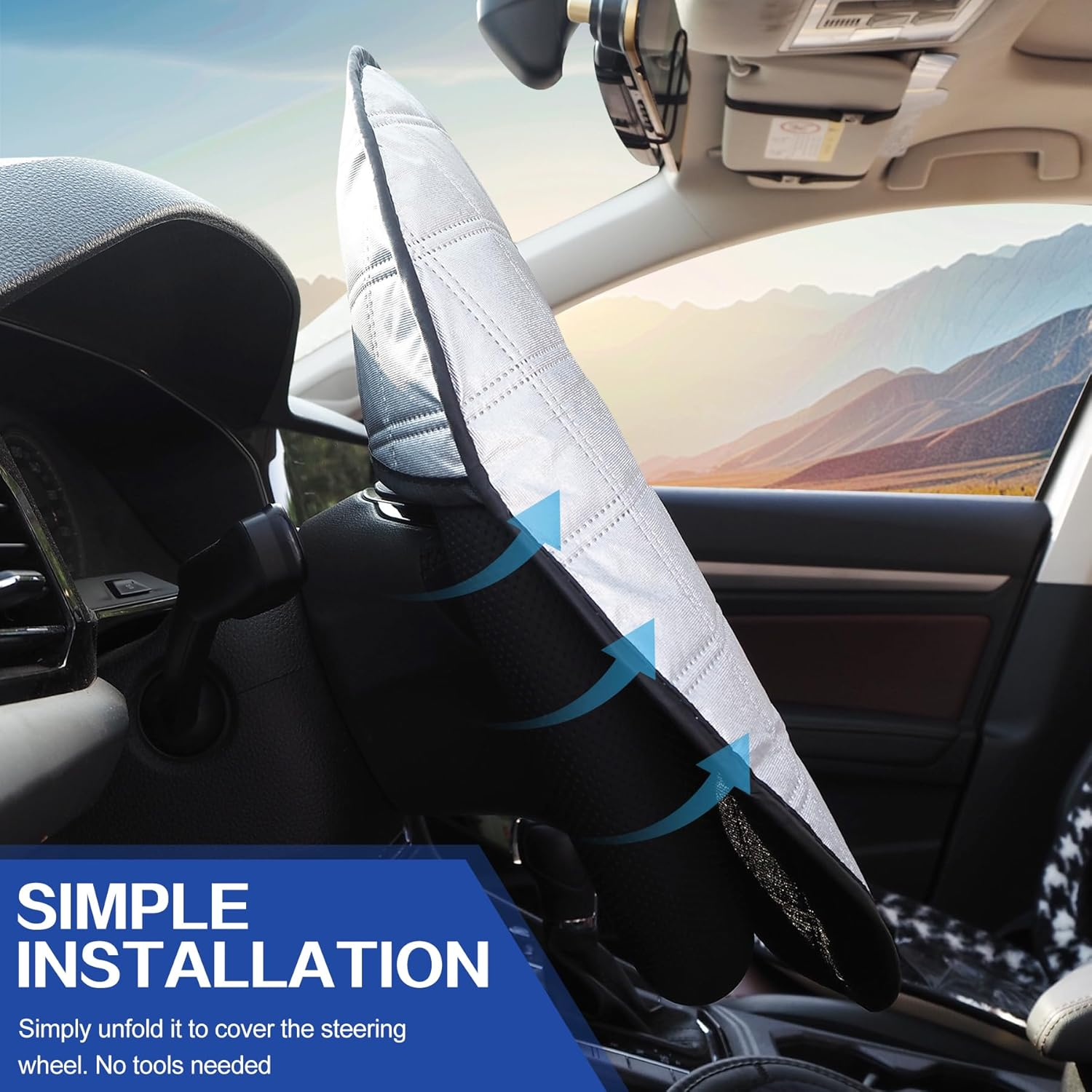 Car Steering Wheel Sun Shade Cover, Universal Steering Wheel Sun Block Anti-Heat UV Rays Block Aluminum Foil Sunshade Cover, Reflective & Foldable Interior Accessories for Sedan SUV Truck RV (Silver) - Black image number 4