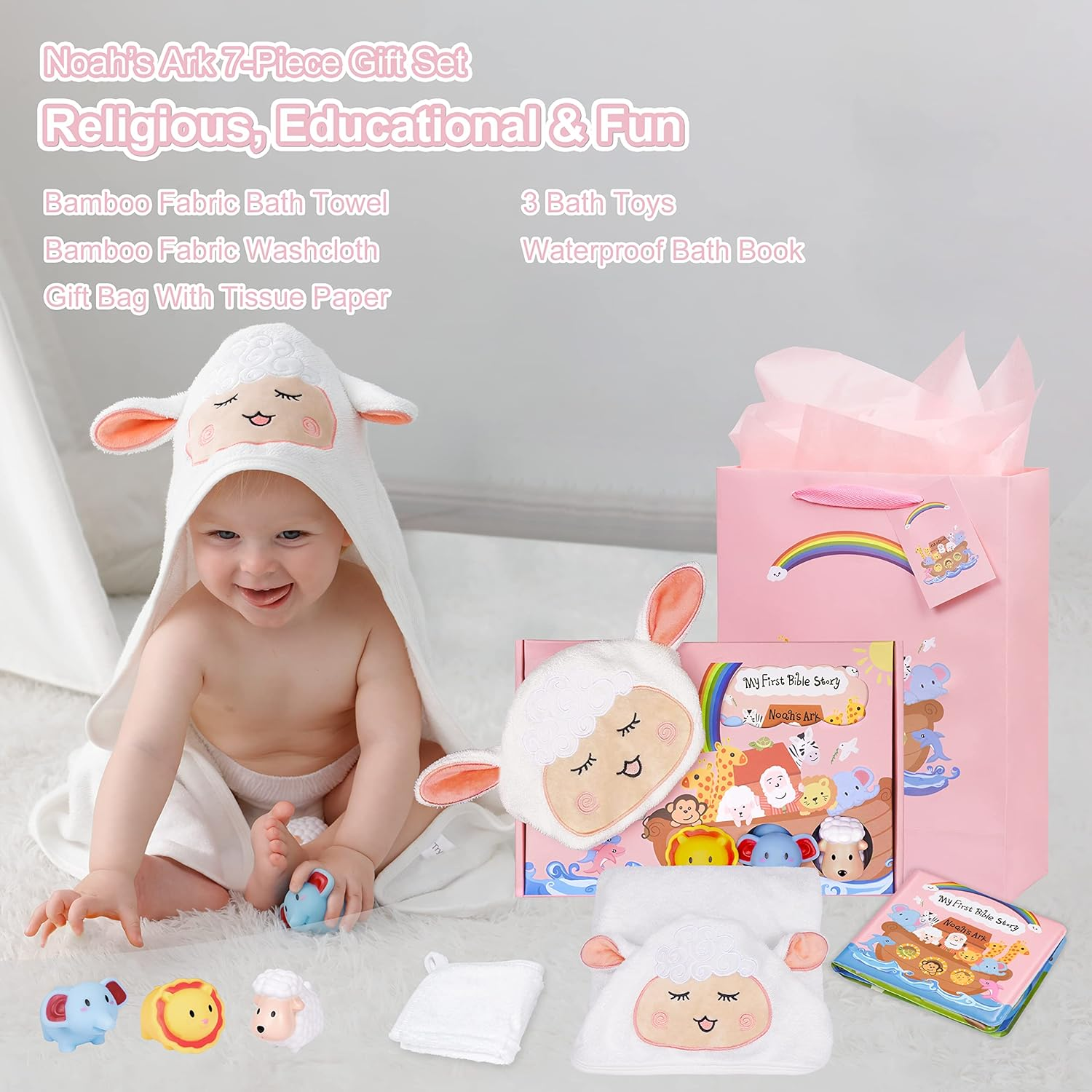My First Noahs Ark 7 Pcs Baptism Gift Set, Dedication, Christening and Baptism Gifts for Girl and Newborn Baby, Includes Bamboo Washcloth and Hooded Towel, Baby Bath Book, 3 Bath Toys and Gift Bag image number 3