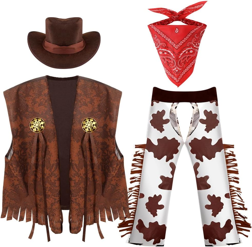AUTOWT Adult Cowboy Costume, Western Cowboys Men Outfits with Sleeveless Vest, Hat, Neck Scarf One Size for Cosplay Halloween Party Favor Carnival Festival