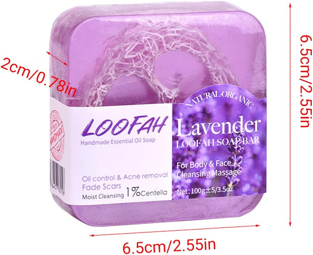 AIMALL 5PCS Loofah Soap Bars with Lavender Essential Oil &ndash; Exfoliating Handmade Glycerin Face & Body Cleansing Bars for Acne, Oil Control & Smooth Skin, 6.5X6.5X2Cm Each - Lavender image number 6