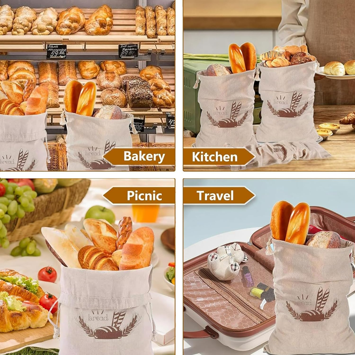 MYTOAU 3 Pcs Linen Bread Bags,Unbleached Bread Bags for Homemade Bread Container,Food Storage Bags,15.7&times;11.8Inches Reusable Bread Storage Bags, Natural Large Storage for Artisan Bread image number 3