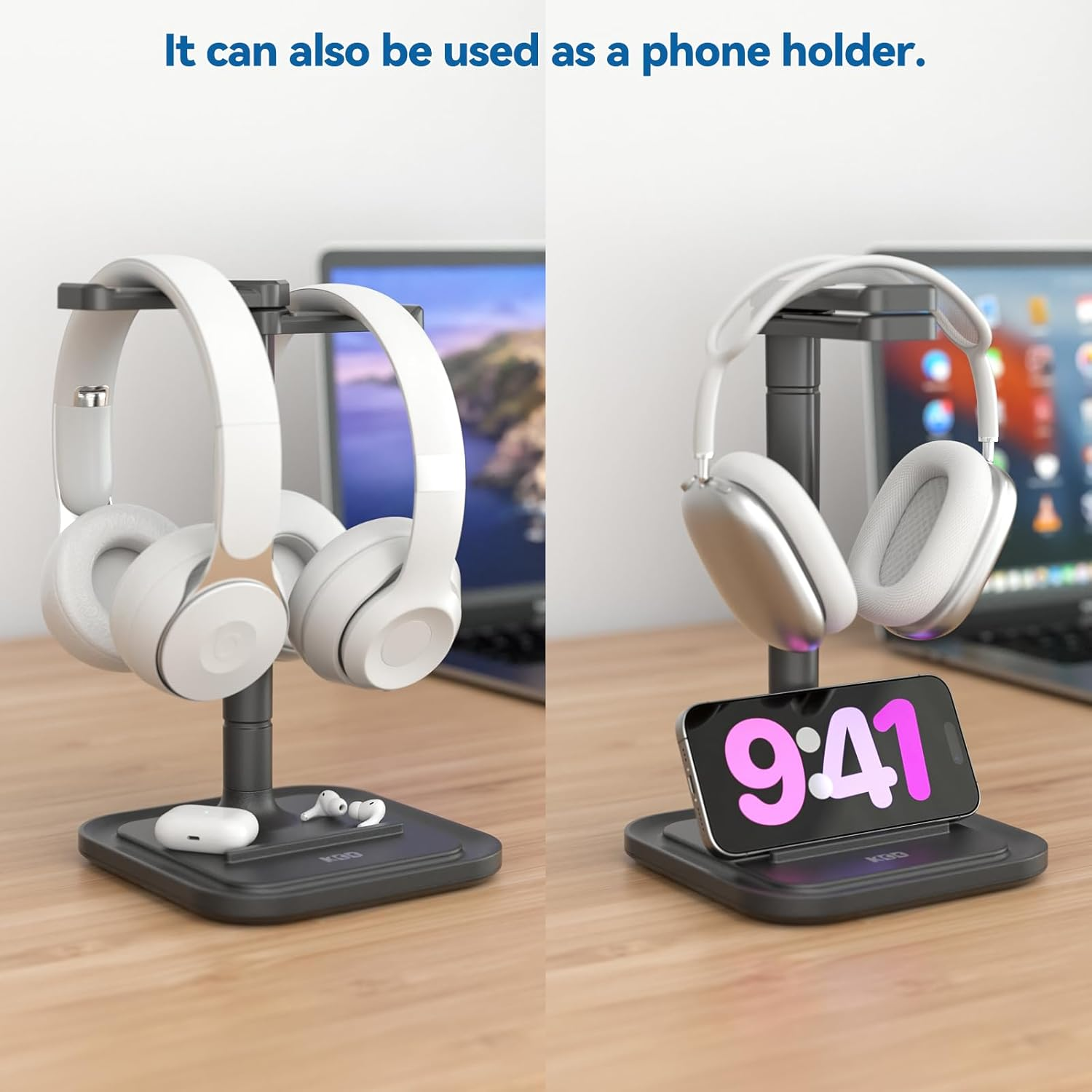 KDD Dual Headphone Stand for Desk - Rotatable Headset Hanger with Phone Holder - Removable Non-Slip Base for Gamers Desktop Accessories image number 4