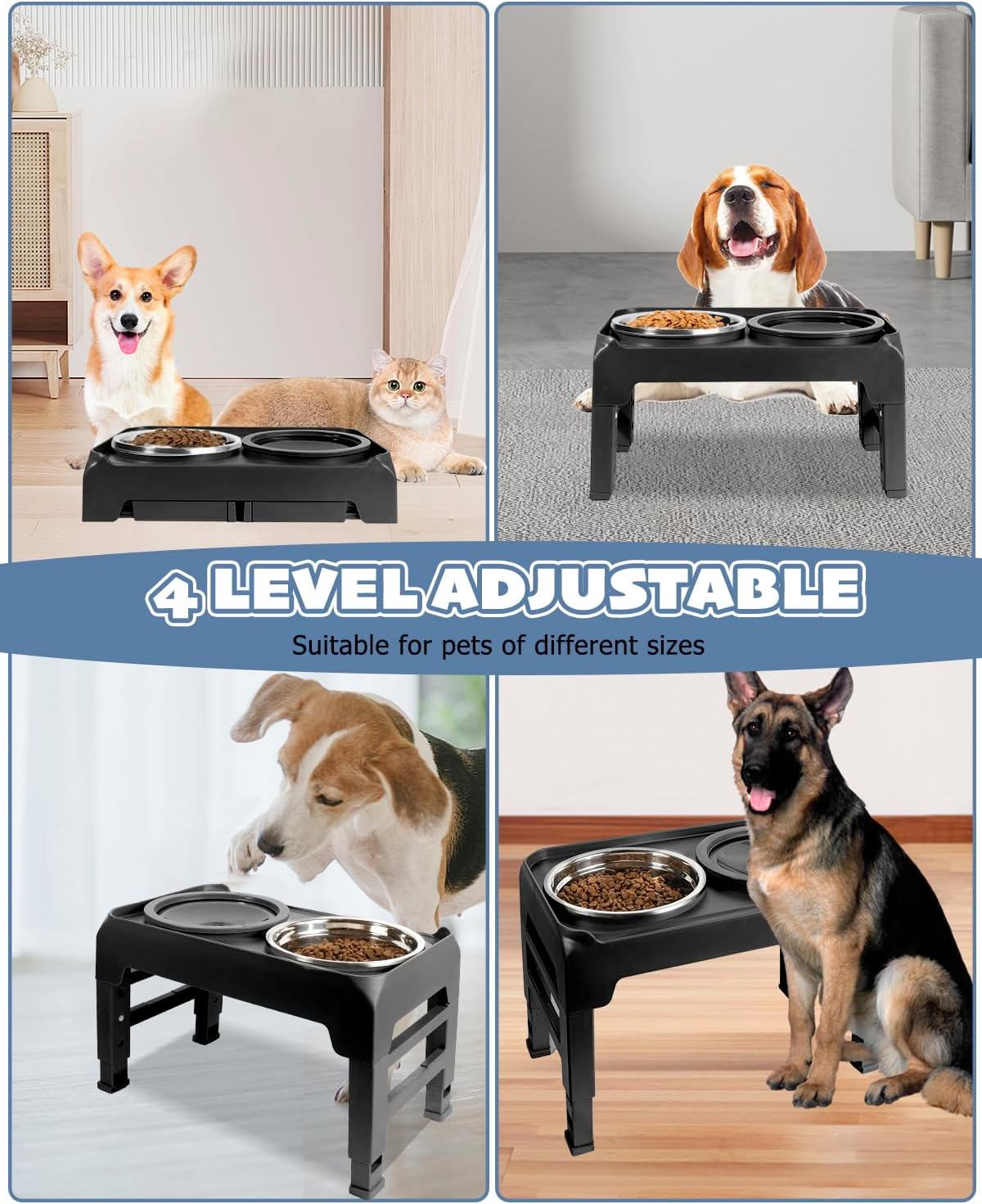 Elevated Dog Bowls, Raised Bowl Stand with No Spill Slow Water Feeder & Stainless Steel Food Dish, Feeding Station with 4 Adjustable Heights for Small Medium Large Dogs