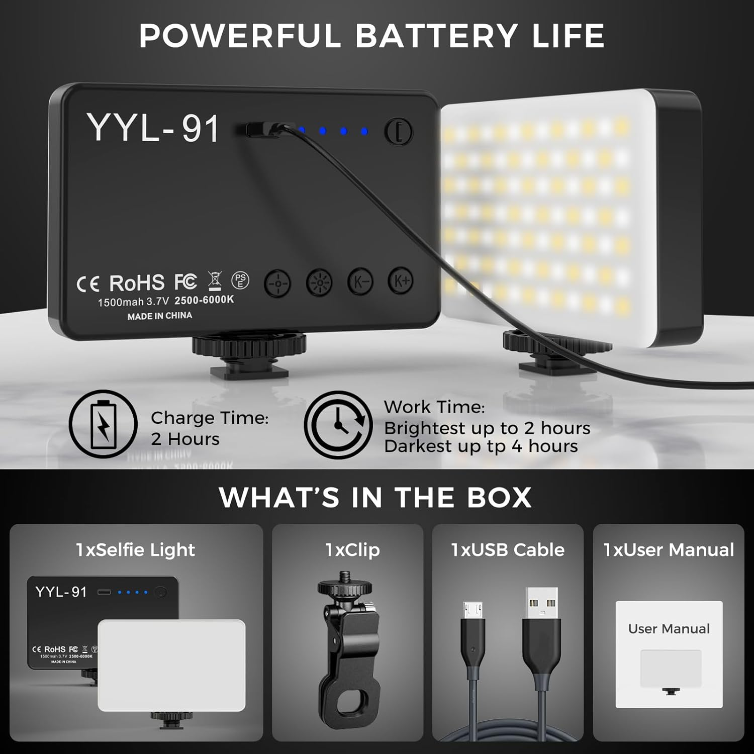 91 LED Selfie Light with Clip Rechargeable Fill Video Light, Adjusted Warm/White Light, Portable Phone Light for Iphone, Android, Ipad, Laptop, Camera Light for Photography image number 2