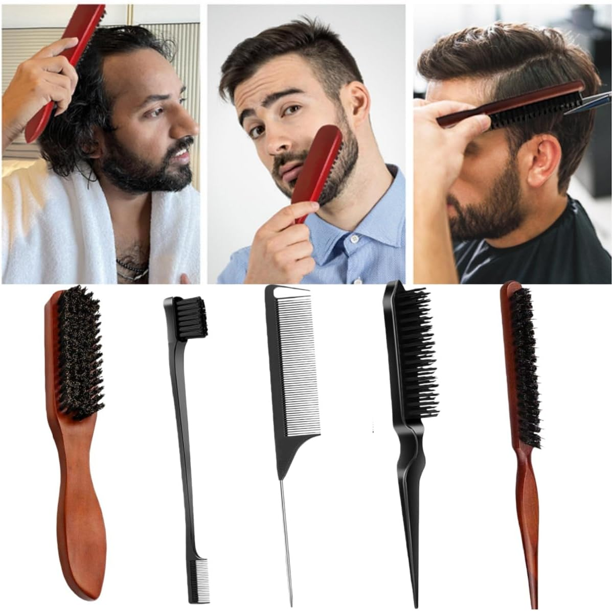 5-Piece Set of Wild Boar Bristle Comb with Wooden Handle for Smooth Bristle Combing and Styling, Anti-Static Wooden Handle Zxjsisy Hair and Beard Styling Set, Suitable for Both Men and Women image number 1