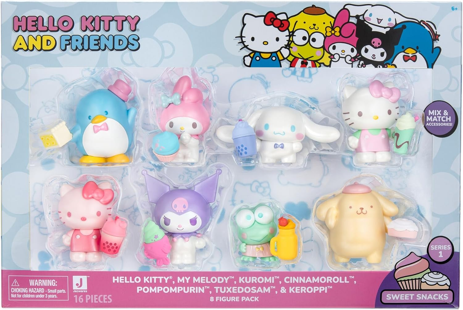 Hello Kitty Sweet Snacks 8-Pack with Mix and Match Sweet Accessories - 2&rdquo; Figures - Hello Kitty, My Melody, Kuromi, Cinnamoroll, Pompompurin, Keroppi, and Tuxedosam - Officially Licensed image number 4