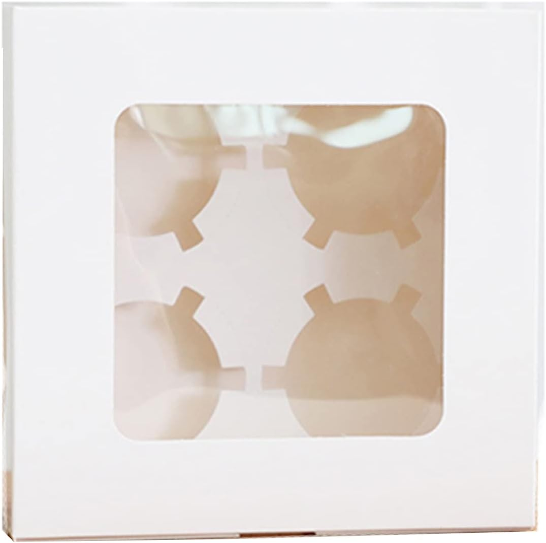 Acbbmns 50Pcs 4 Holes Cupcake Boxes with Window and Insert, 16 X 16 X 7.5Cm White Kraft Paper Cup Cake Boxes Bakery Containers Cupcake Carrier Box for Muffin Chocolate Macarons Pastry image number 2