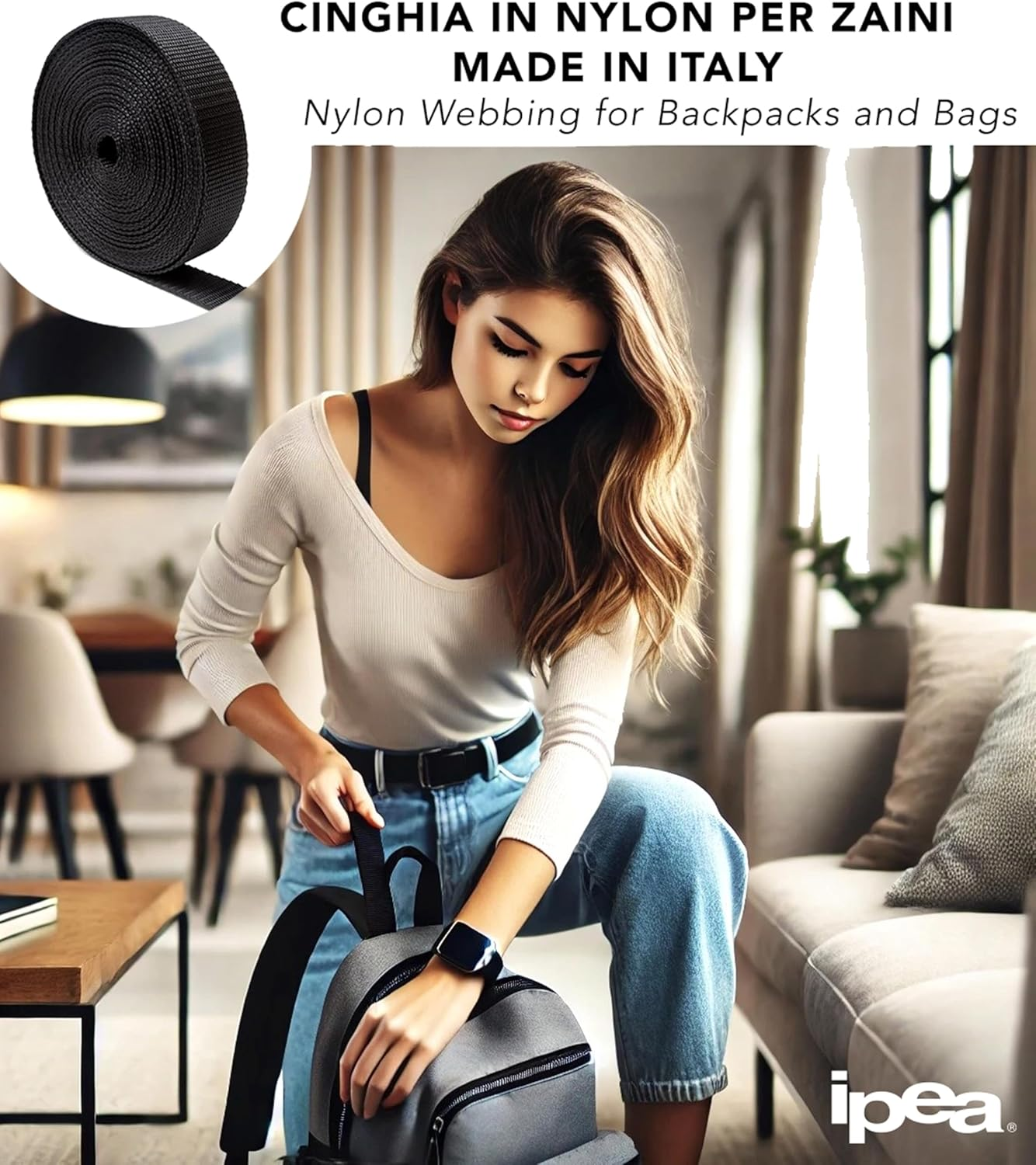 IPEA Rigid Nylon Strap for Backpack and Bags - 10 Meters Length - Multipurpose Rope for Sewing, Sports, Luggage, DIY - Sizes 20/25 / 30/40 Mm - Black - 3 Cm image number 1