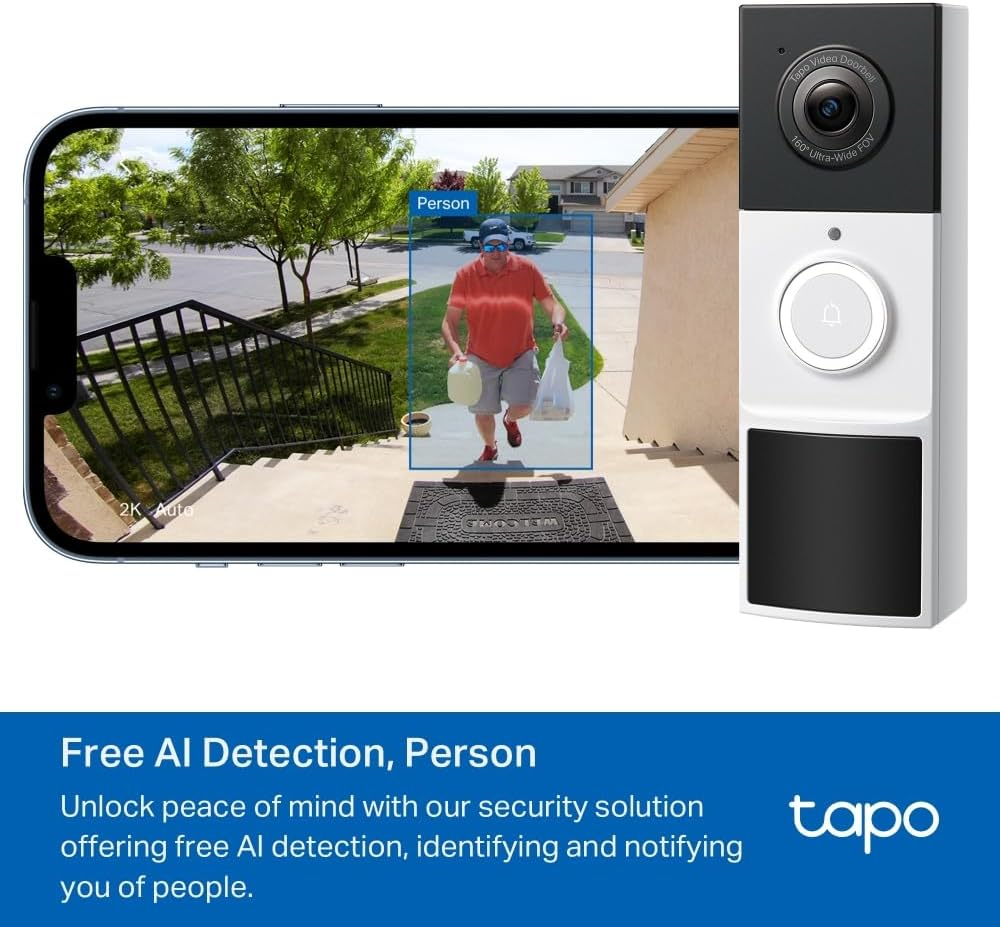 Tp-Link Tapo Smart Battery Video Doorbell, Home Security System, 2K, 160&deg; FOV, Flexible, Head-To-Toe,Two-Way Video, AI Detection, Color Night Vision,Ring Call,Anti-Theft Alarm,Local Storage(Tapo D210) image number 5