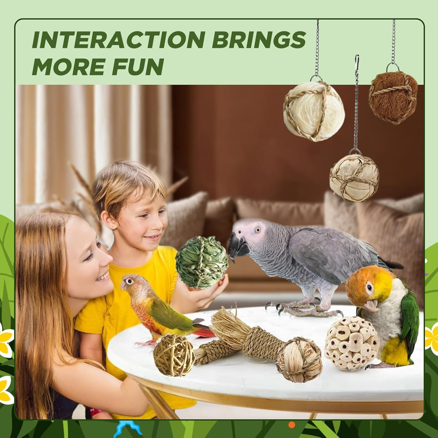 SUSOO 9-Pcs Natural Bird Chew Toys Set, Safe Hangable Shredding Foraging Toys with Sola Balls, Rattan & Corn Vines for Parrots, Parakeet, Budgie, Conure, Love Birds, Cockatiel and Small Pets image number 3