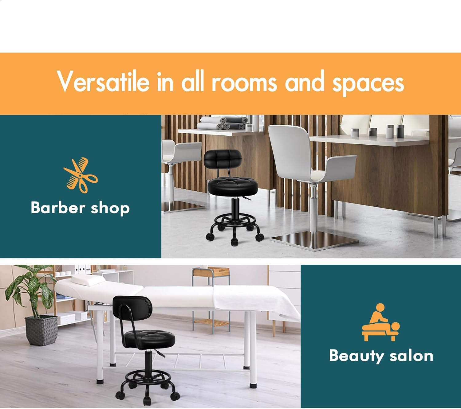 ALFORDSON round Salon Stool PU Leather Upholstery with Backrest, Adjustable Drafting Rolling Stools in 52-67Cm Height, Swivel Spa Chair with Footrest for Hair Barber Massage Table(Riley All Black) - Riley All Black image number 2