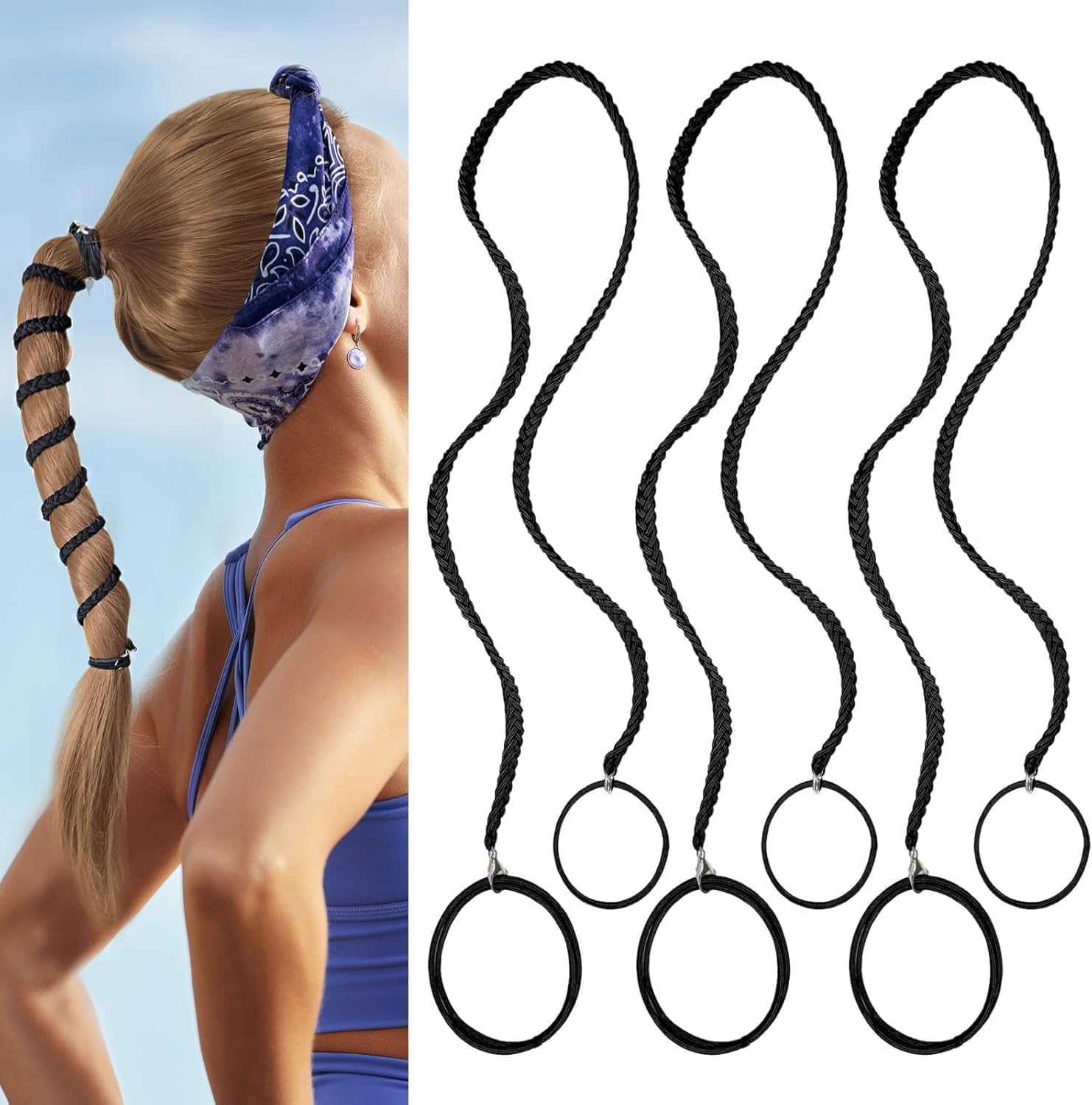 3Pcs 35"Ponytail Holders Hair Ties for Sports,Non-Destructive Strong Braided Ponytail Hair Ties Rip Hair Ties for Women Gym,Swimming,Diving (Black, 35")
