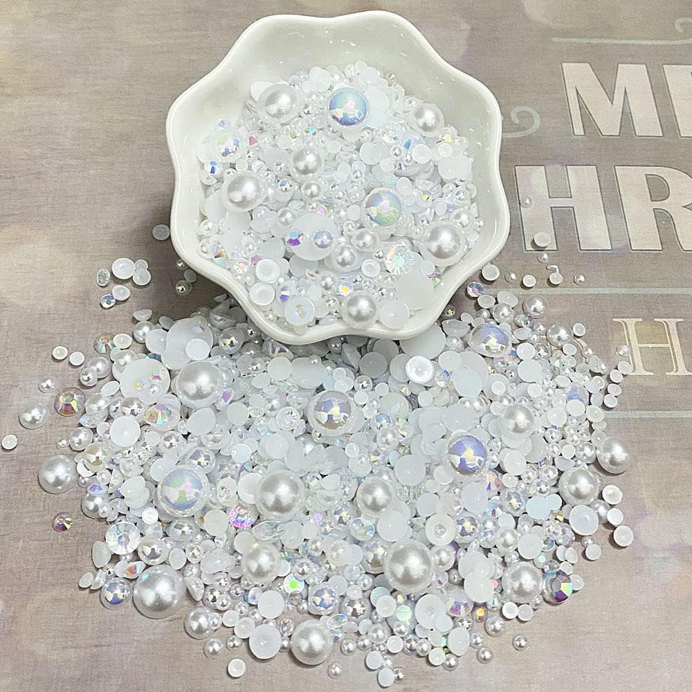 100G Mix Resin Rhinestones Flatback Half round Pearls Mixed Size 3Mm-10Mm AB Color Half Pearls Resin Rhinestones for DIY Craft Nail Art Shoes Clothes Phone Case (White Series) image number 1