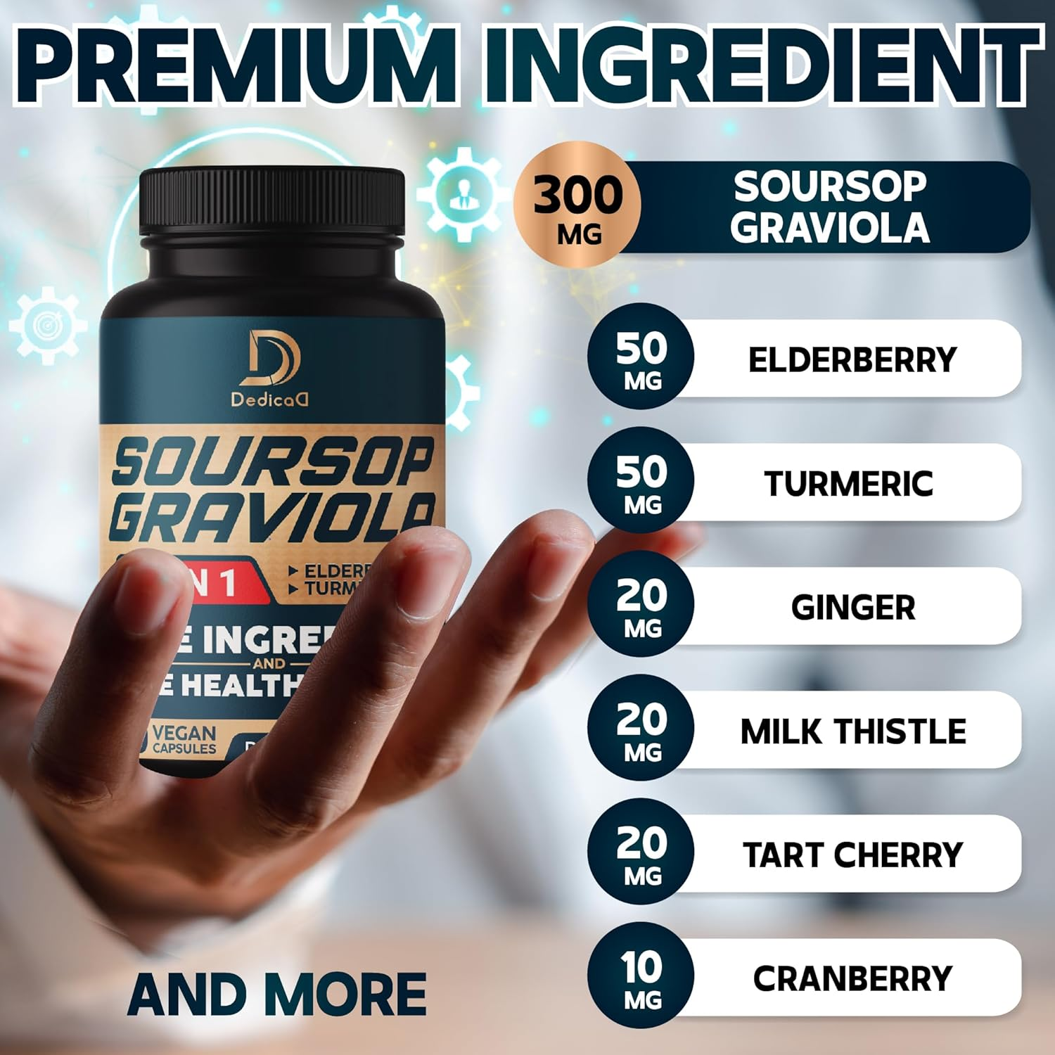 11In1 Soursop Graviola Capsules up - with Elderberry, Turmeric, Milk Thistle & More - 90 Capsules Supplement image number 2