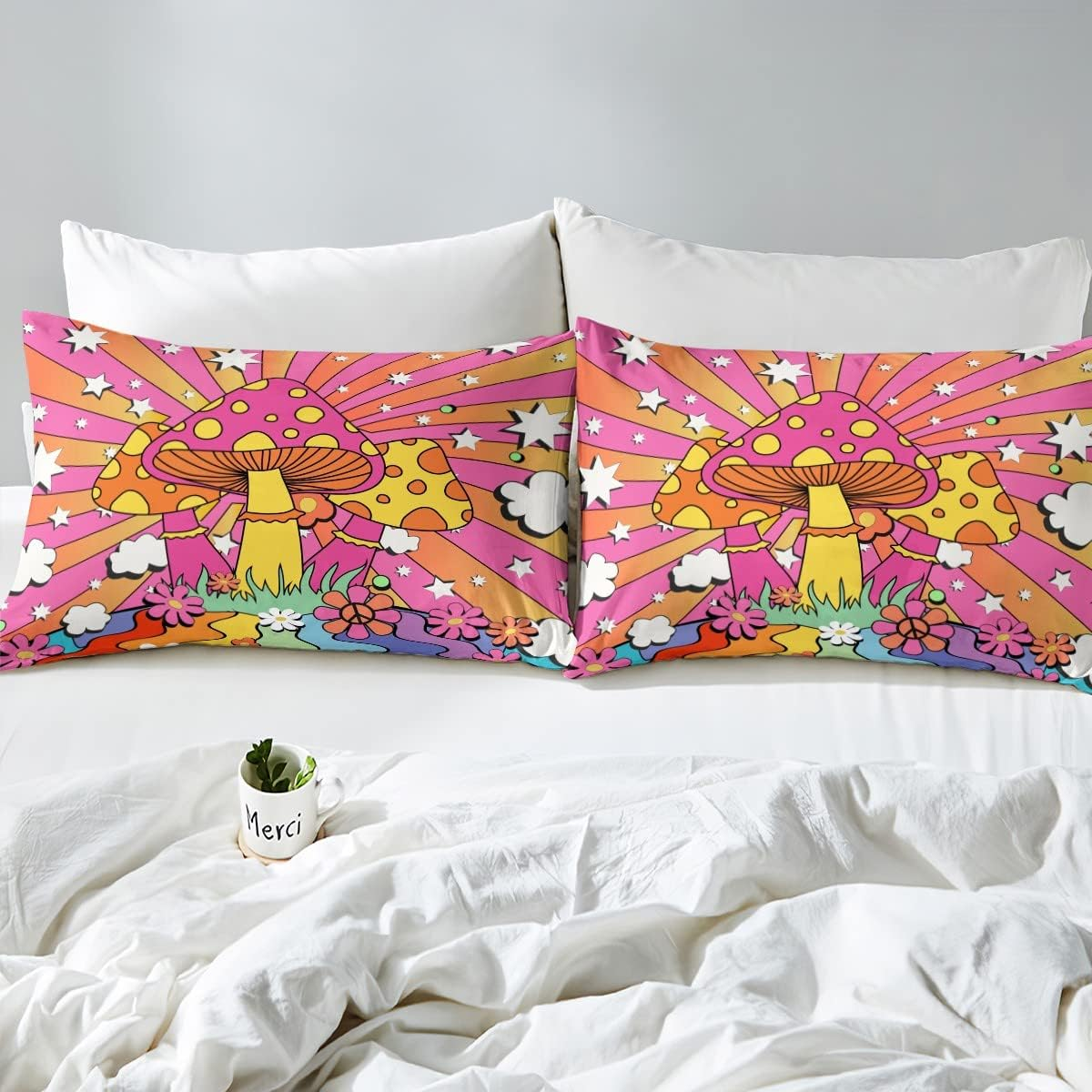 Hippie Mushroom Duvet Cover Set Single Size, Stars Peace Symbol Flowers Print Comforter Cover for Children Boys Gift, 70S Rainbow Stripes Groovy Bedding Set with 1 Pillowcase image number 4