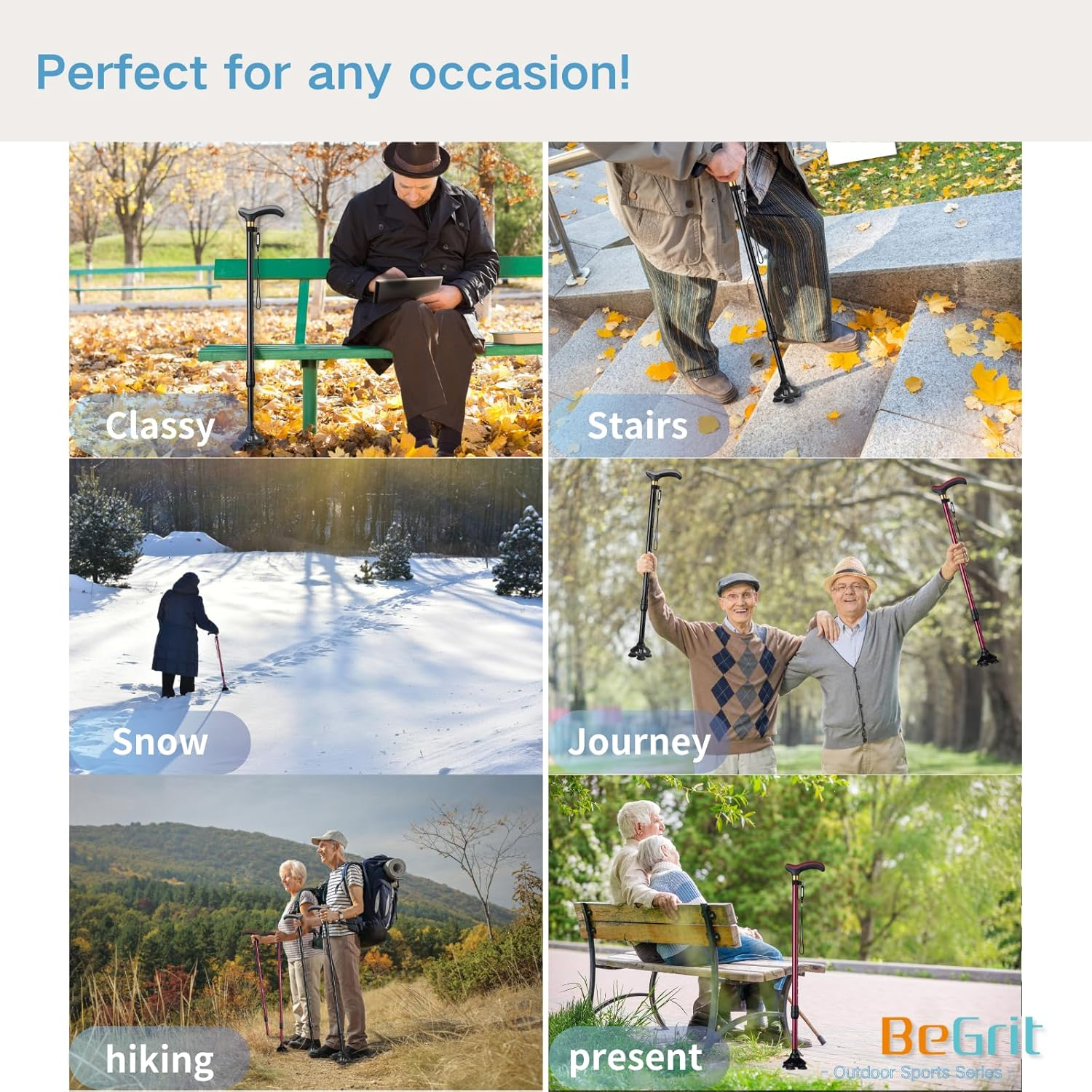 Begrit Walking Cane Black Walking Sticks- Adjustable Height for Seniors and Adults, Enhanced Stability and Support 142～188Cm - Black image number 4