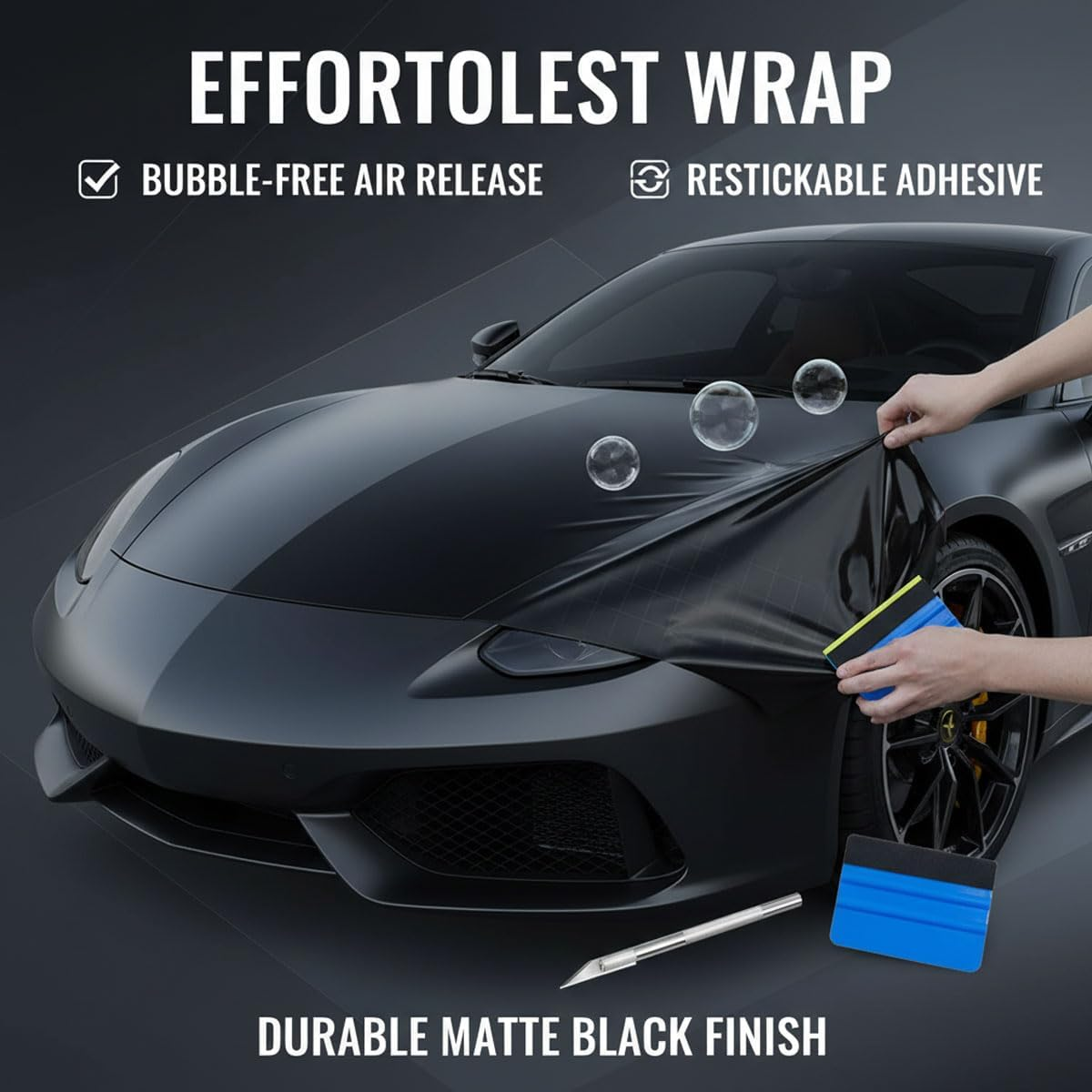 Matte Black Vinyl Wrap for Cars, Self-Adhesive Automotive Film with Air Release for Easy Bubble-Free Installation (1FT X 5FT) - Kivano image number 3